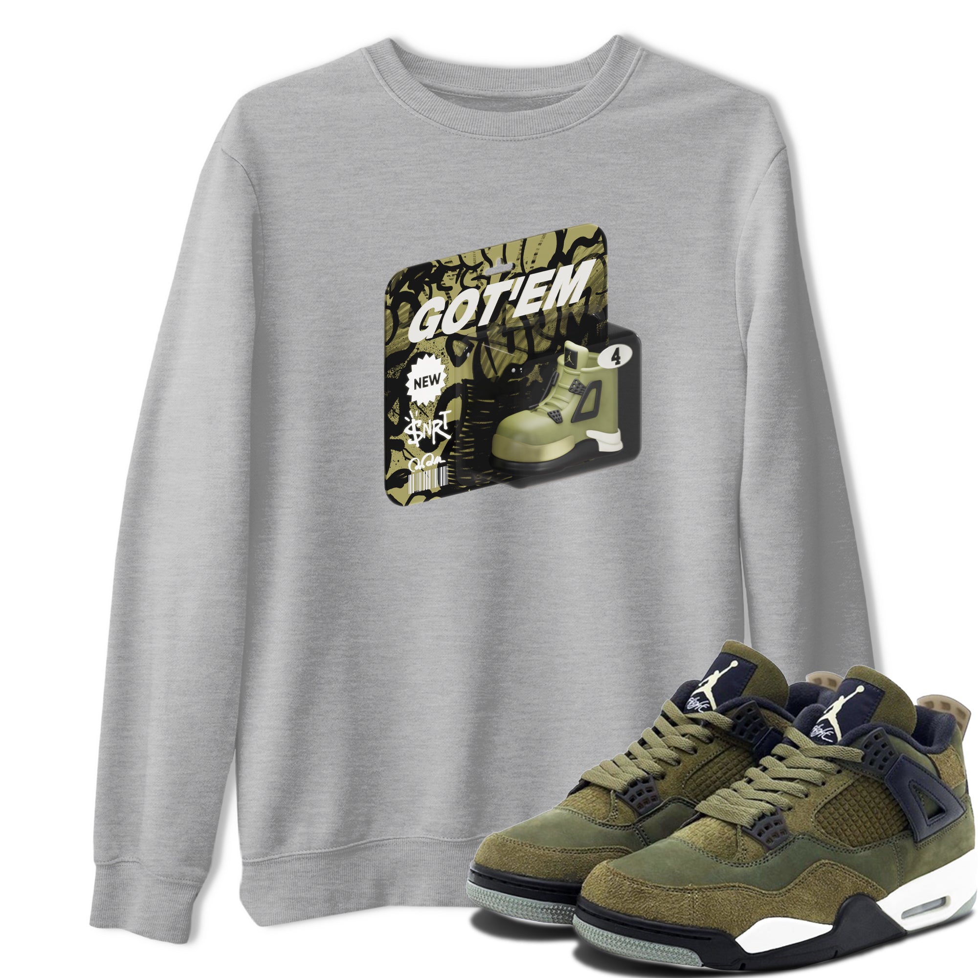 Air Jordan 4 Medium Olive shirt to match jordans streetwear brand Vintage Toy Packaging sneaker tees AJ4 Medium Olive Drip Gear Zone Unisex Heather Grey 1 T-Shirt