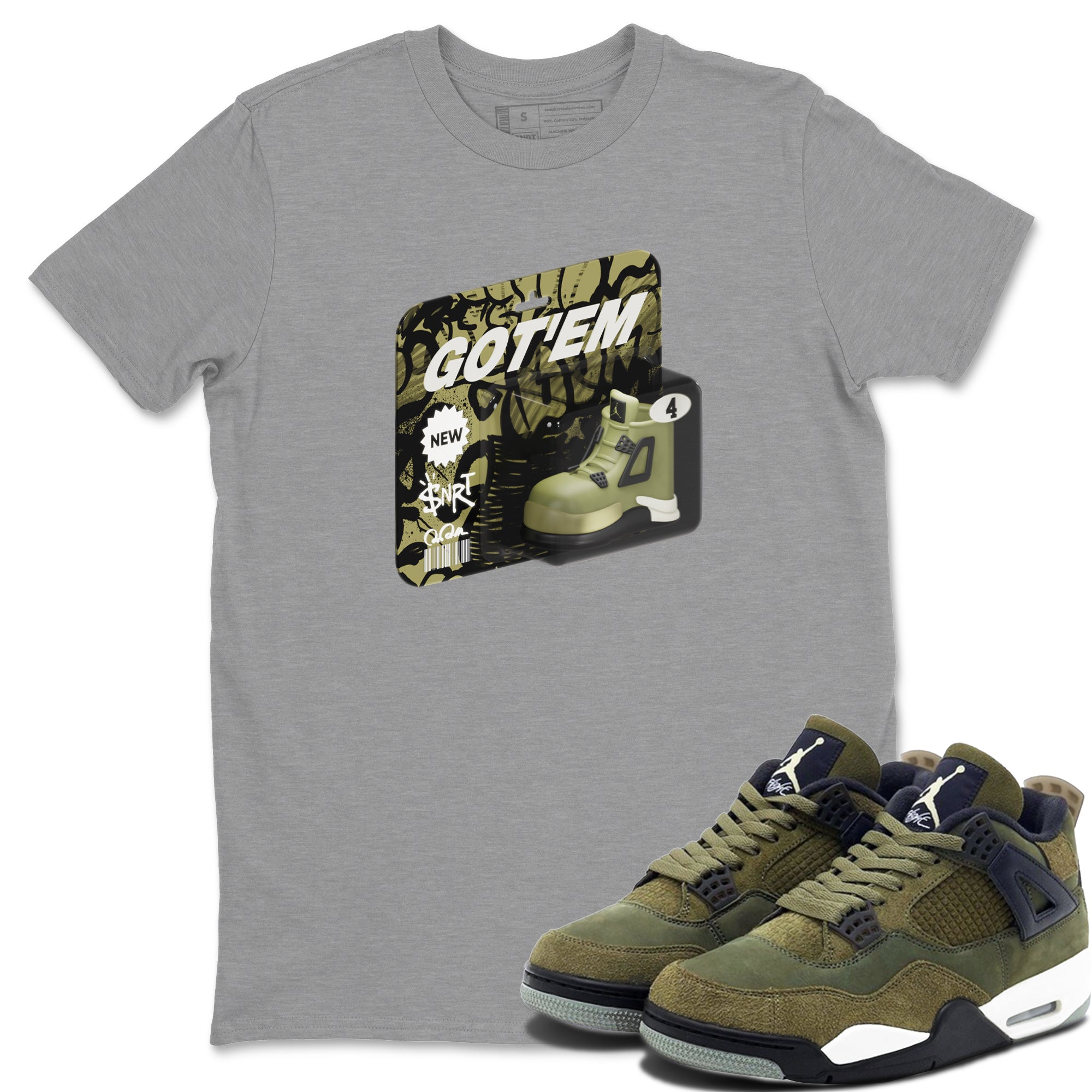 Air Jordan 4 Medium Olive shirt to match jordans streetwear brand Vintage Toy Packaging sneaker tees AJ4 Medium Olive Drip Gear Zone Unisex Heather Grey 1 T-Shirt