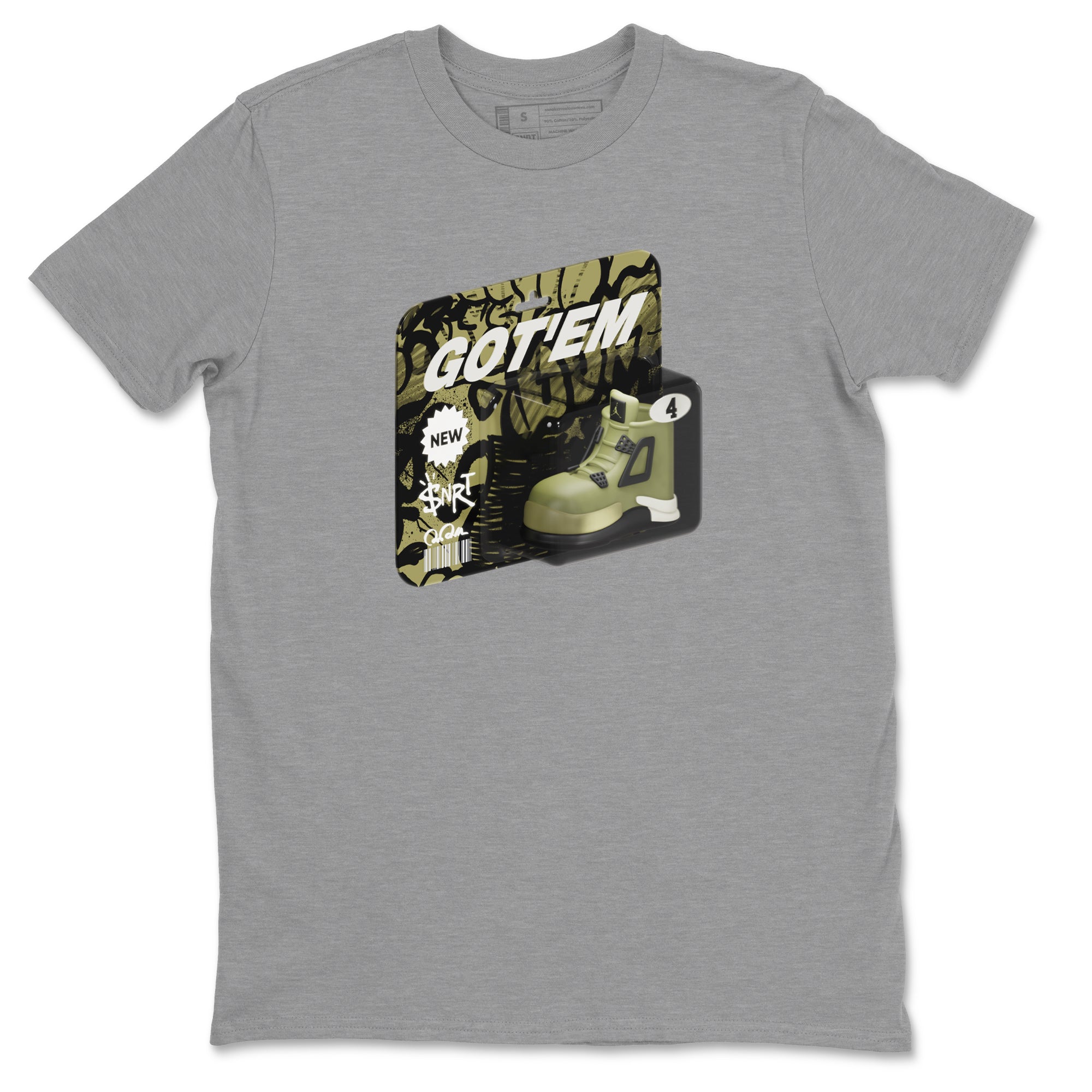 Air Jordan 4 Medium Olive shirt to match jordans streetwear brand Vintage Toy Packaging sneaker tees AJ4 Medium Olive Drip Gear Zone Unisex Heather Grey 2 T-Shirt