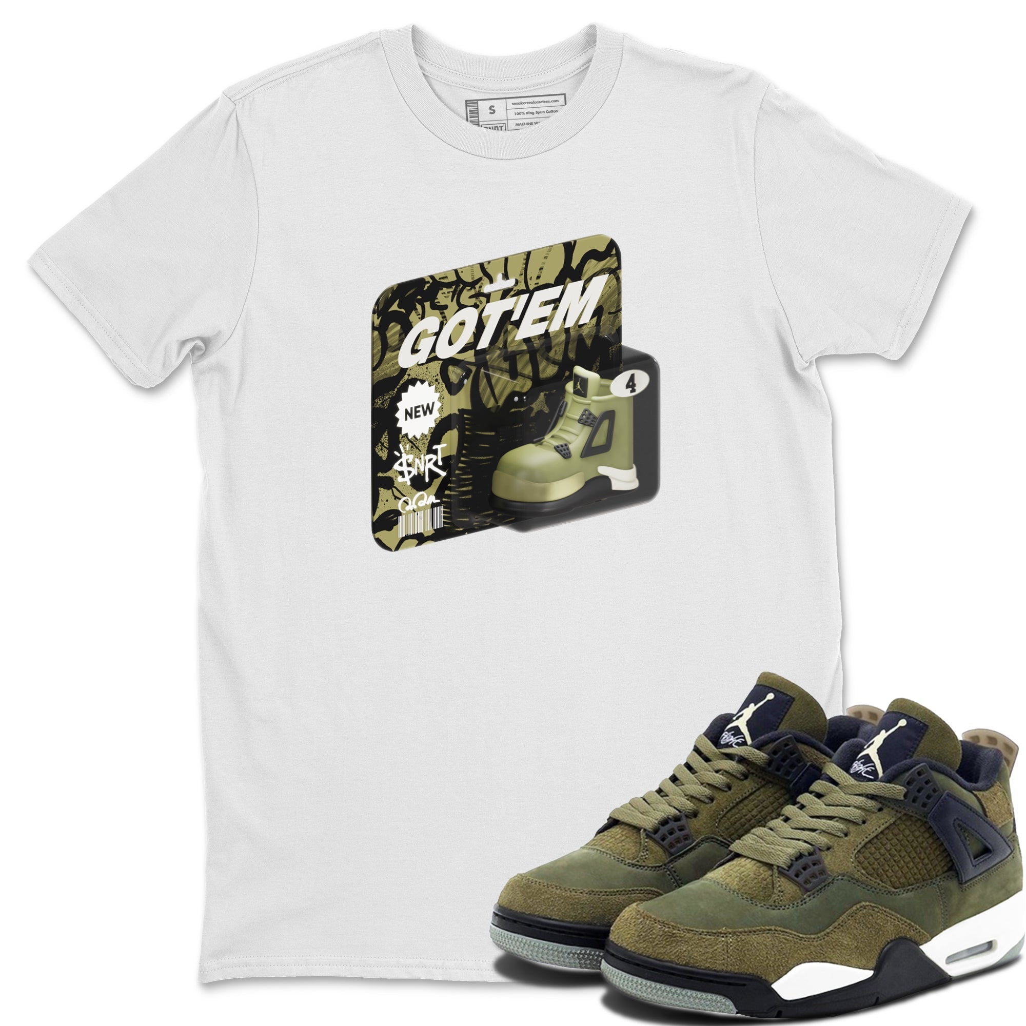 Air Jordan 4 Medium Olive shirt to match jordans streetwear brand Vintage Toy Packaging sneaker tees AJ4 Medium Olive Drip Gear Zone Unisex White 1 T-Shirt
