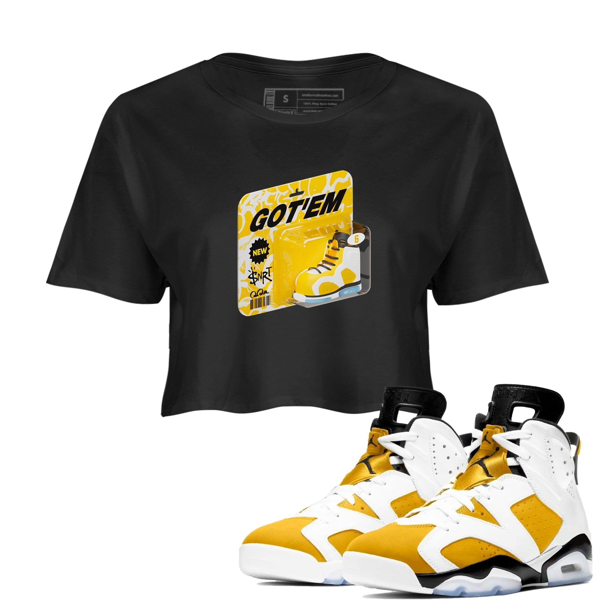 Air Jordan 6 Yellow Ochre shirt to match jordans Vintage Toy Packaging sneaker tees streetwear brand AJ6 Yellow Ochre Drip Gear Zone Brand Black 1 Crop T-Shirt