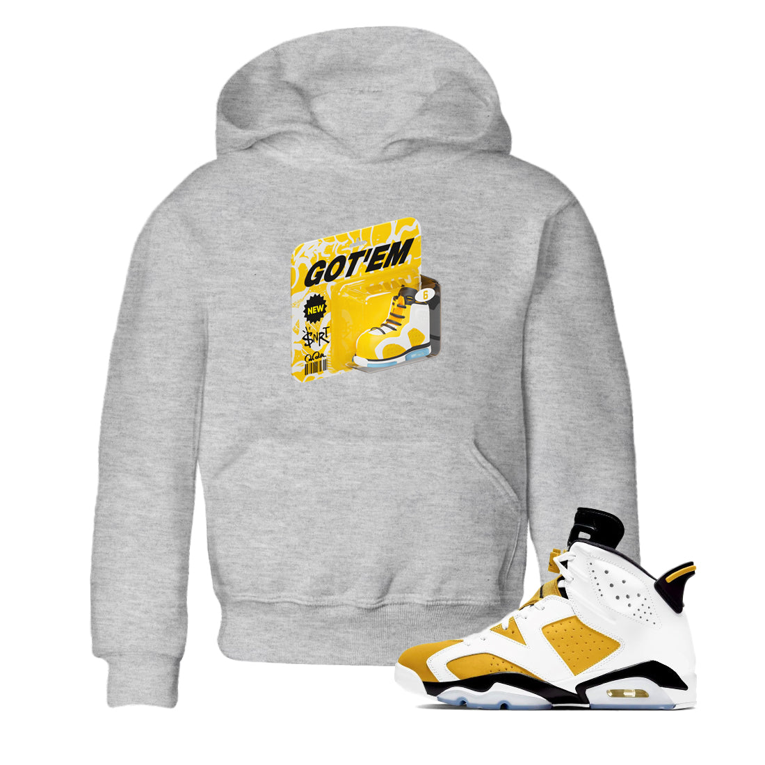 Air Jordan 6 Yellow Ochre shirt to match jordans Vintage Toy Packaging sneaker tees streetwear brand AJ6 Yellow Ochre Drip Gear Zone Brand Baby Toddler Heather Grey 1 T-Shirt