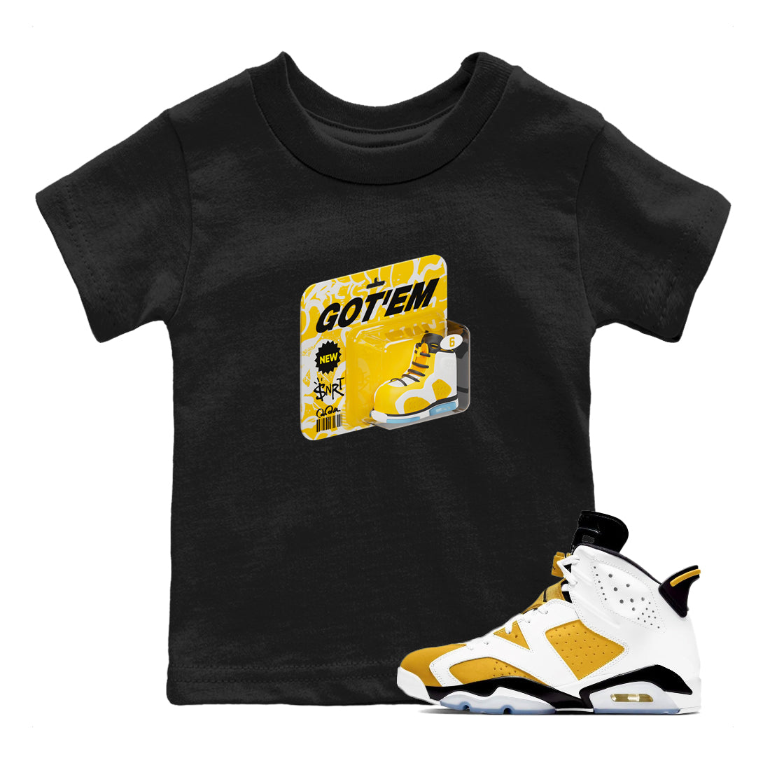 Air Jordan 6 Yellow Ochre shirt to match jordans Vintage Toy Packaging sneaker tees streetwear brand AJ6 Yellow Ochre Drip Gear Zone Brand Baby Toddler Black 1 T-Shirt