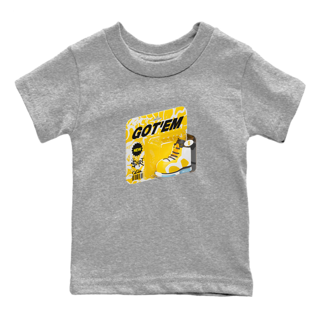 Air Jordan 6 Yellow Ochre shirt to match jordans Vintage Toy Packaging sneaker tees streetwear brand AJ6 Yellow Ochre Drip Gear Zone Brand Baby Toddler Heather Grey 2 T-Shirt