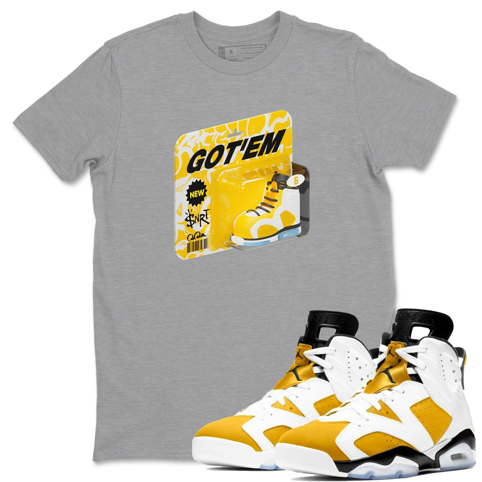Air Jordan 6 Yellow Ochre shirt to match jordans Vintage Toy Packaging sneaker tees streetwear brand AJ6 Yellow Ochre Drip Gear Zone Brand Unisex Heather Grey 1 T-Shirt