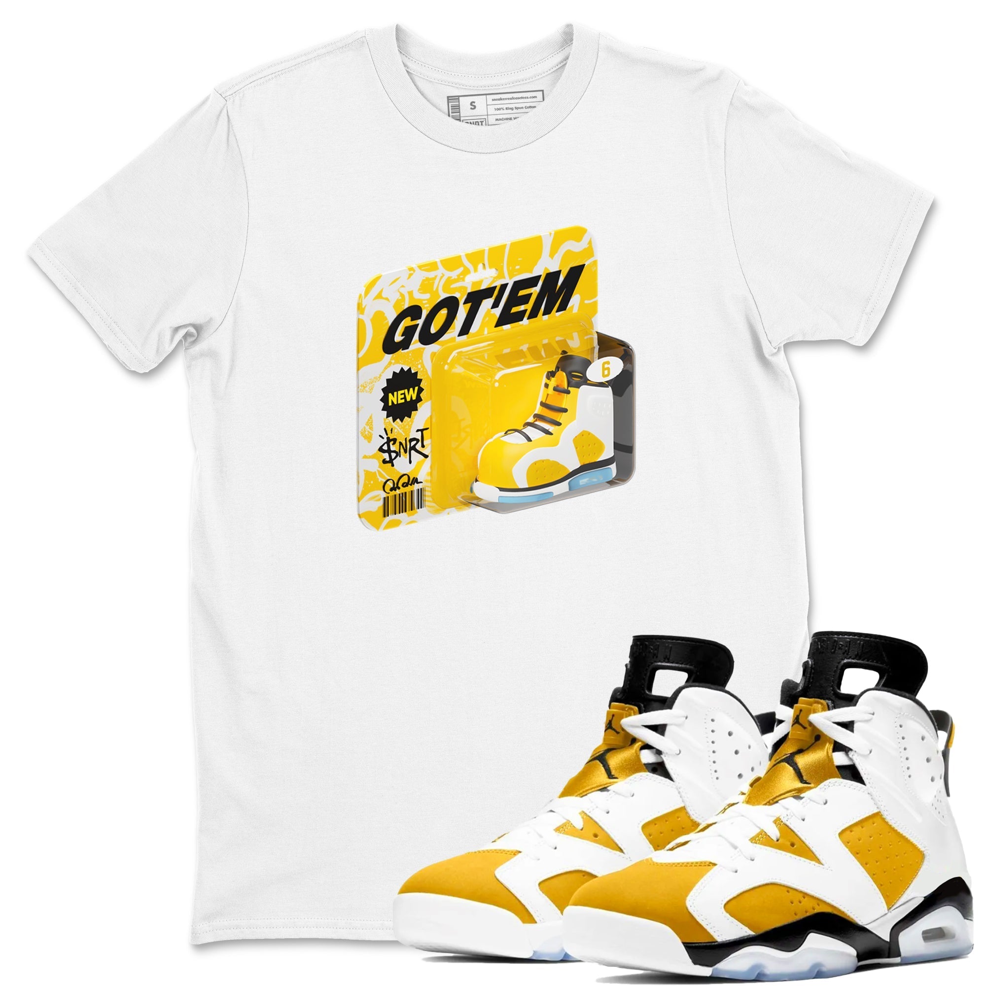 Air Jordan 6 Yellow Ochre shirt to match jordans Vintage Toy Packaging sneaker tees streetwear brand AJ6 Yellow Ochre Drip Gear Zone Brand Unisex White 1 T-Shirt