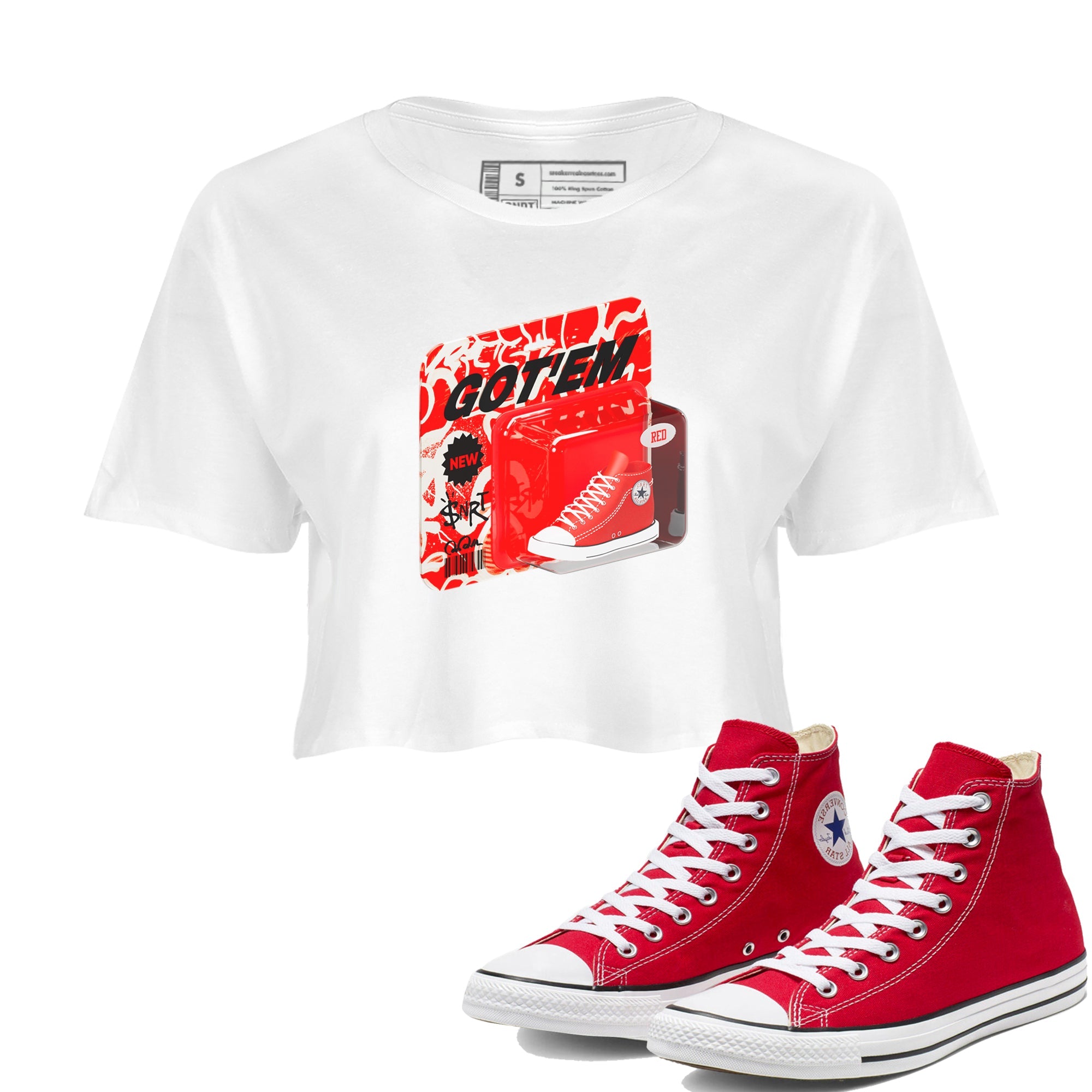 Converse High Top Red shirt to match sneakers Vintage Toy Packing sneaker tees Shoes Match Converse High Top Red Drip Gear Zone Sneaker Tee White 1 Crop T-Shirt
