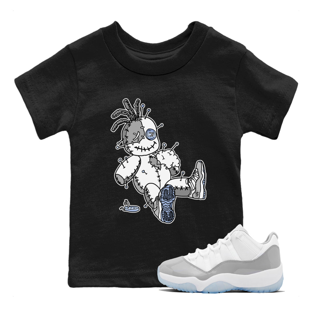 Air Jordan 11 White Cement Sneaker Match Tees Voodoo Doll Streetwear Sneaker Shirt Jordan 11 Retro White Cement Sneaker Release Tees Kids Shirts Black 1