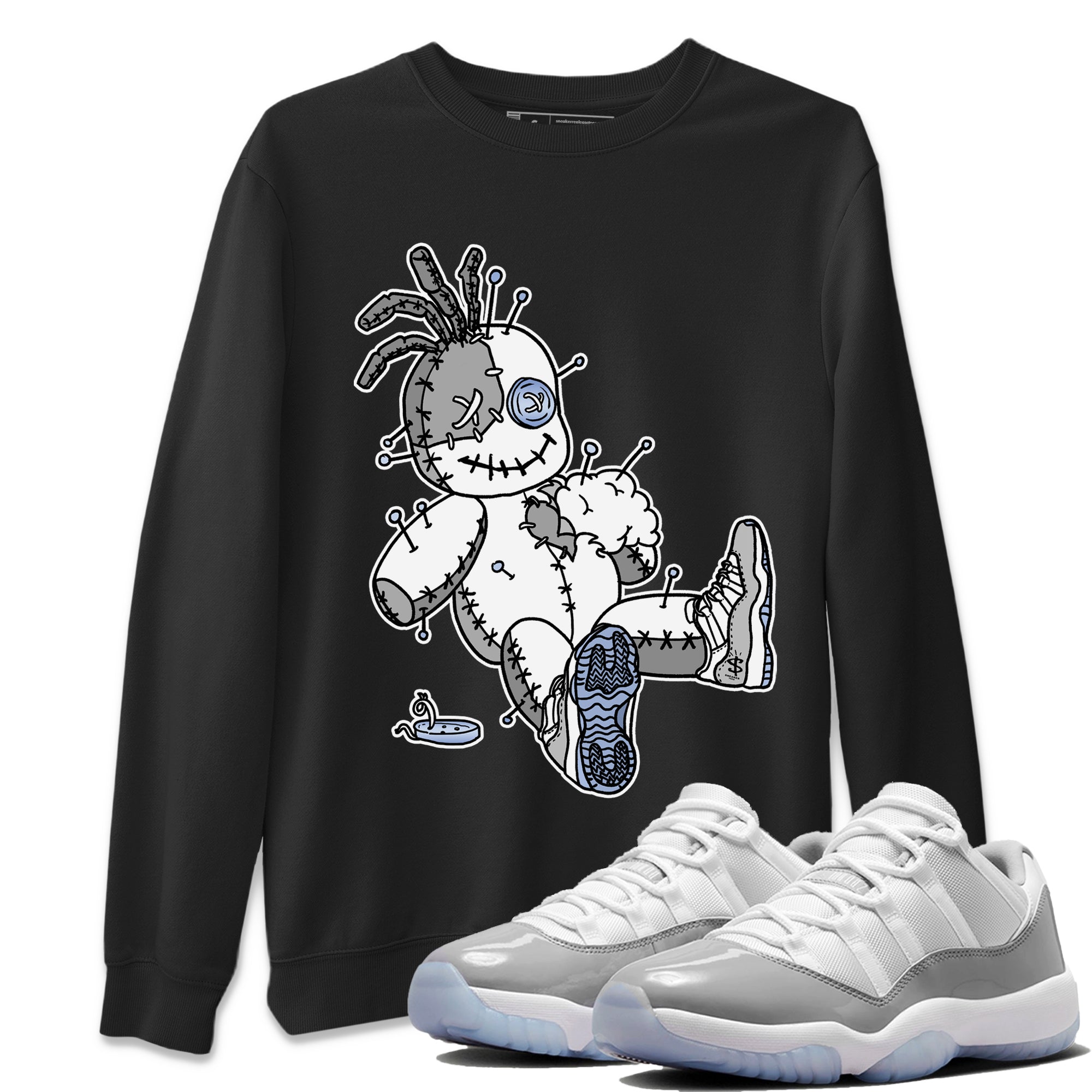 Air Jordan 11 White Cement Sneaker Match Tees Voodoo Doll Streetwear Sneaker Shirt Jordan 11 Retro White Cement Sneaker Release Tees Unisex Shirts Black 1