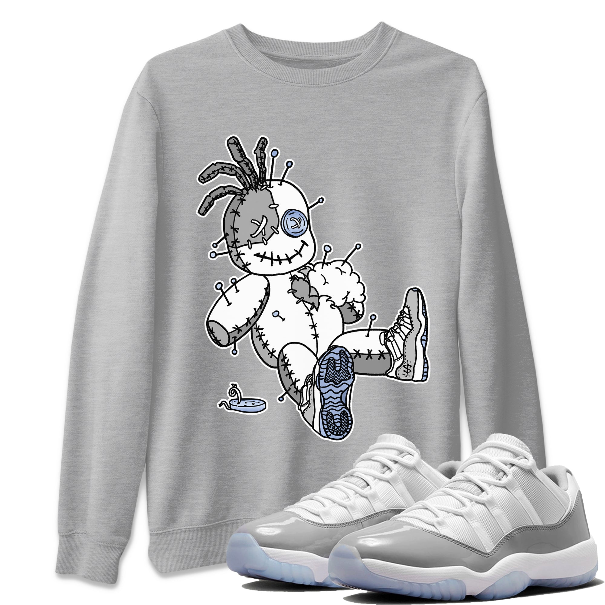 Air Jordan 11 White Cement Sneaker Match Tees Voodoo Doll Streetwear Sneaker Shirt Jordan 11 Retro White Cement Sneaker Release Tees Unisex Shirts Heather Grey 1