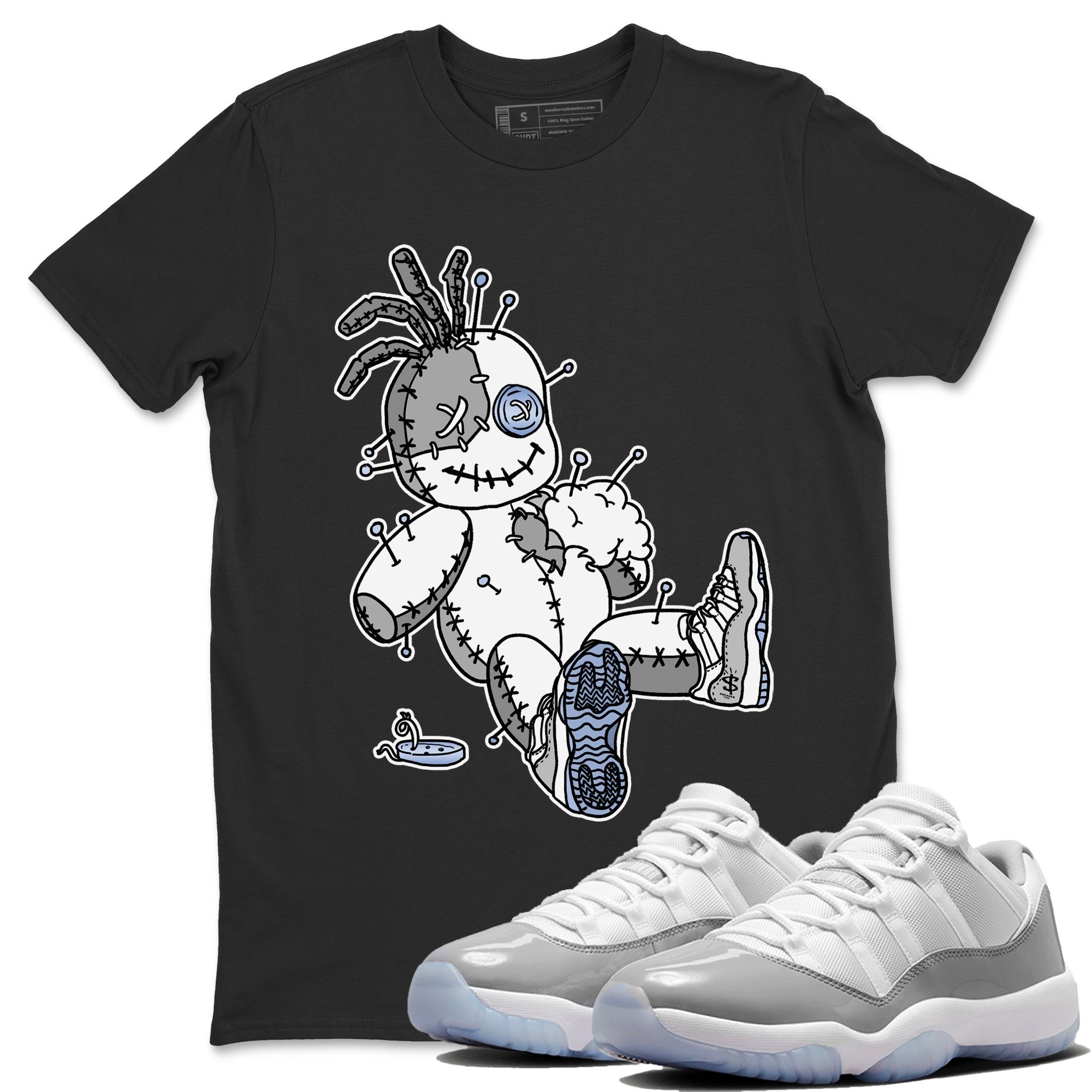 Air Jordan 11 White Cement Sneaker Match Tees Voodoo Doll Streetwear Sneaker Shirt Jordan 11 Retro White Cement Sneaker Release Tees Unisex Shirts Black 1