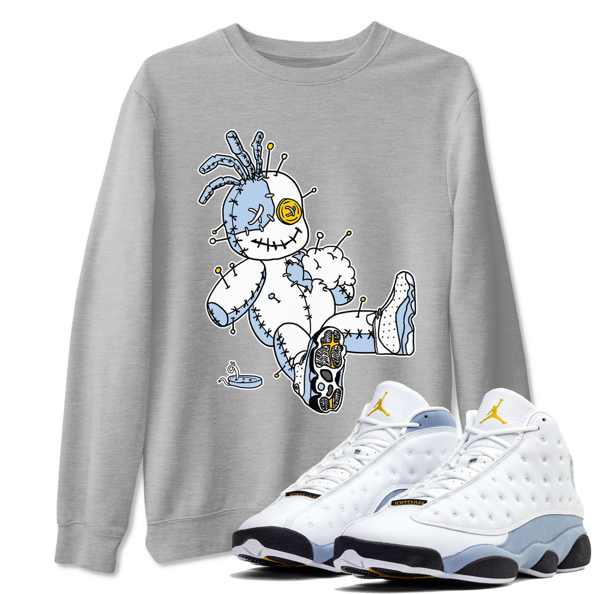 13s Blue Grey shirt to match jordans Voodoo Doll sneaker tees Air Jordan 13 Retro Blue Grey Drip Gear Zone unisex cotton Heather Grey 1 crew neck shirt
