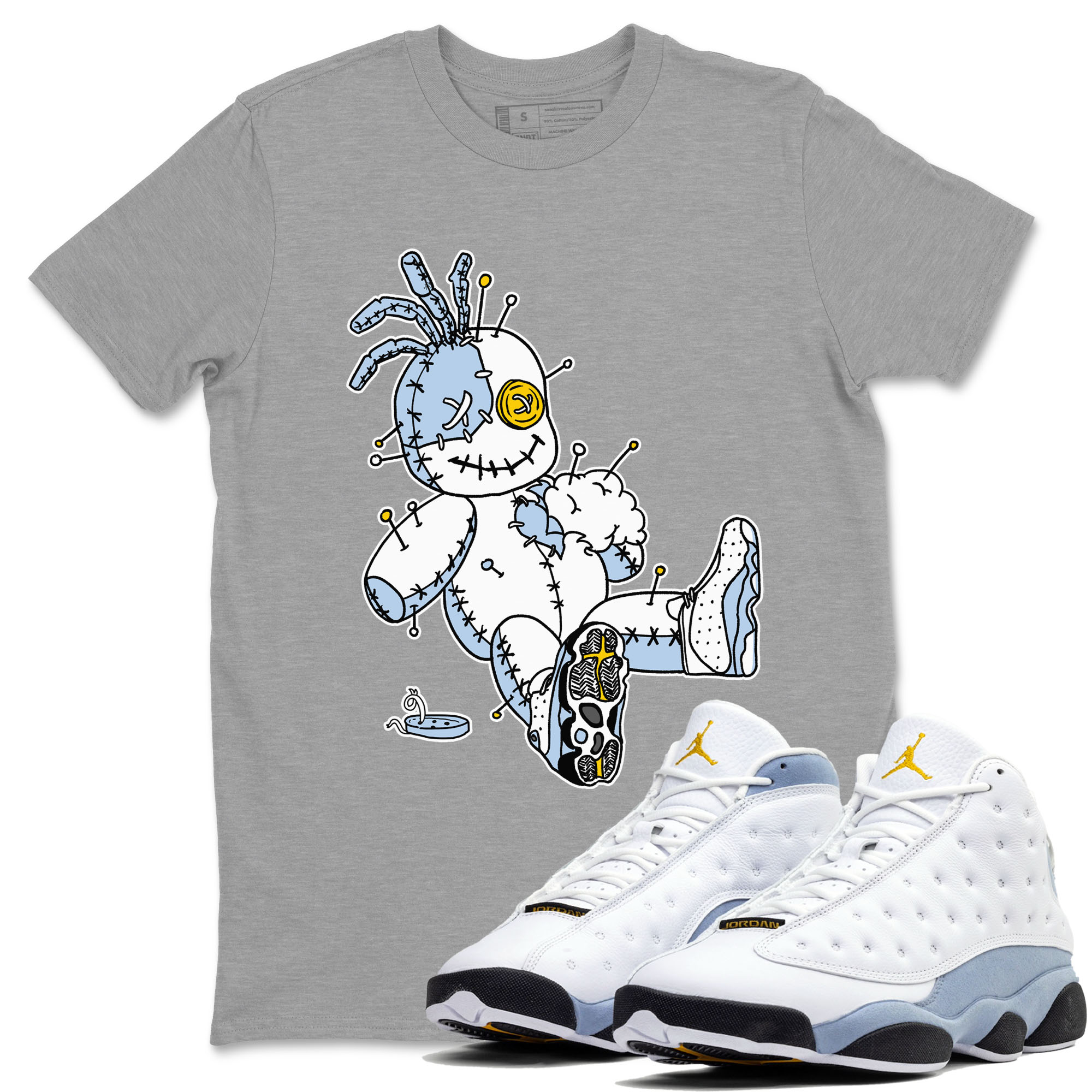 13s Blue Grey shirt to match jordans Voodoo Doll sneaker tees Air Jordan 13 Retro Blue Grey Drip Gear Zone unisex cotton Heather Grey 1 crew neck shirt