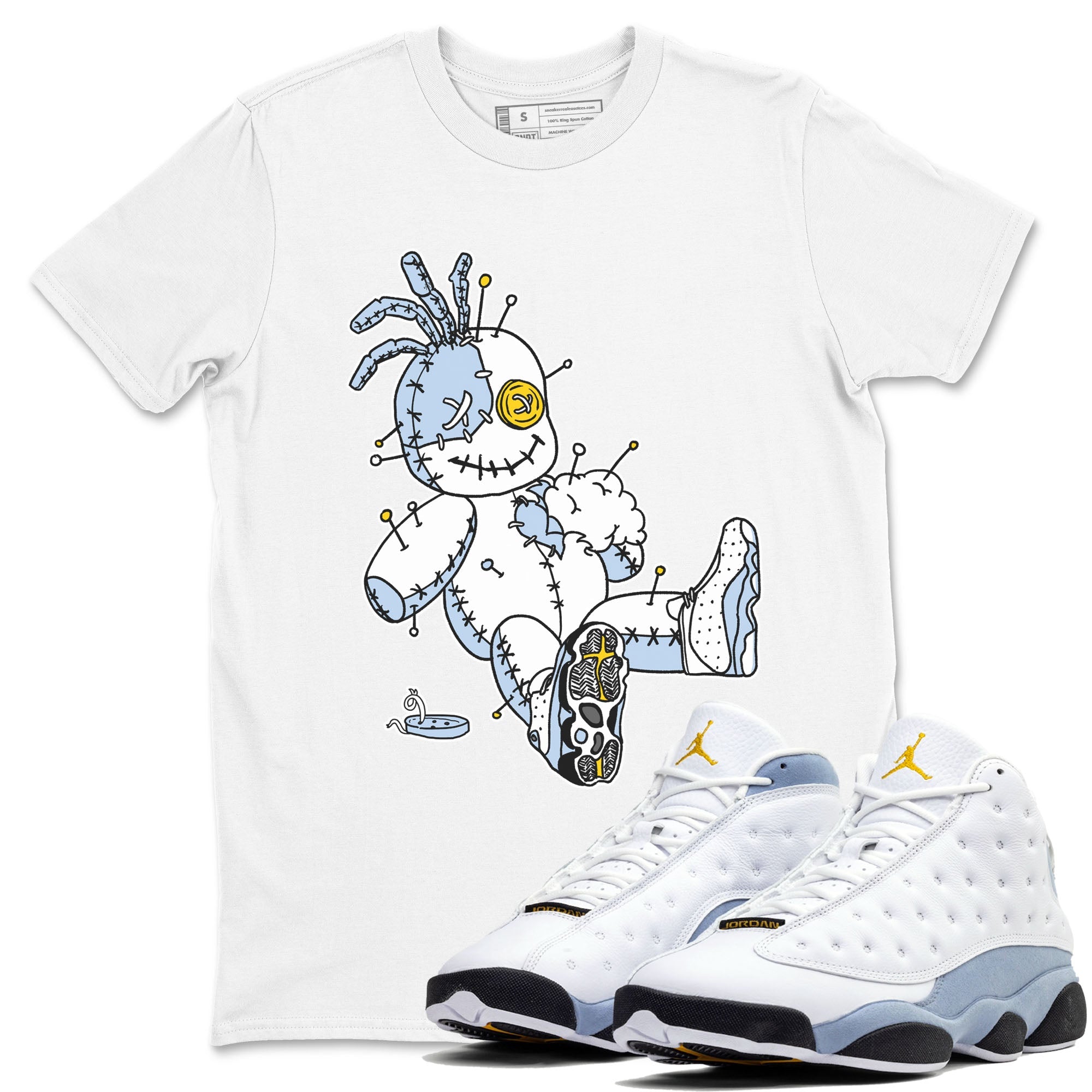 13s Blue Grey shirt to match jordans Voodoo Doll sneaker tees Air Jordan 13 Retro Blue Grey Drip Gear Zone unisex cotton White 1 crew neck shirt