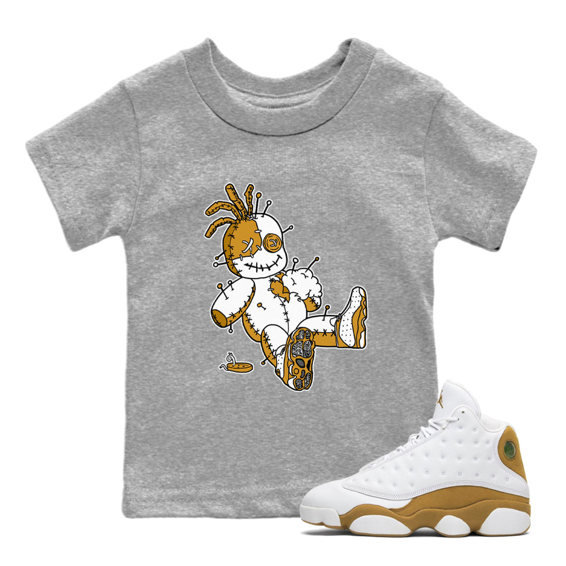 Jordan Retro 13 Wheat Sneaker Matching Tee Voodoo Doll Streetwear Sneaker Shirt 13 Wheat Sneaker T-Shirt Kids Shirts Heather Grey 1
