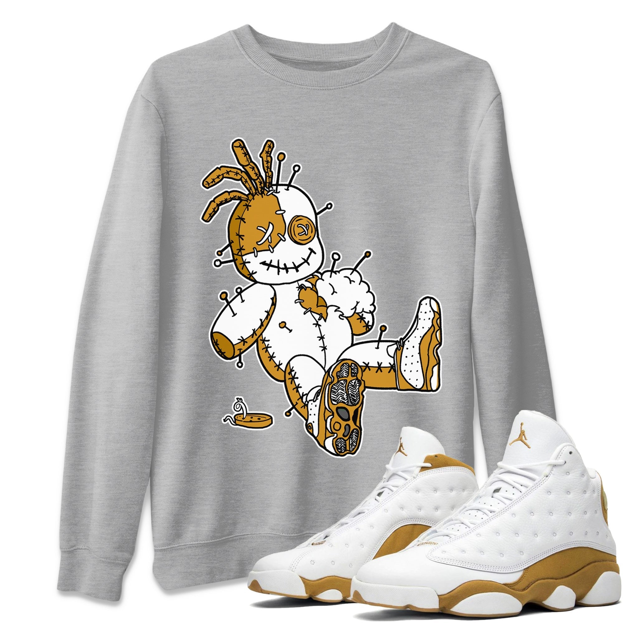 Jordan Retro 13 Wheat Sneaker Matching Tee Voodoo Doll Streetwear Sneaker Shirt 13 Wheat Sneaker T-Shirt Unisex Shirts Heather Grey 1