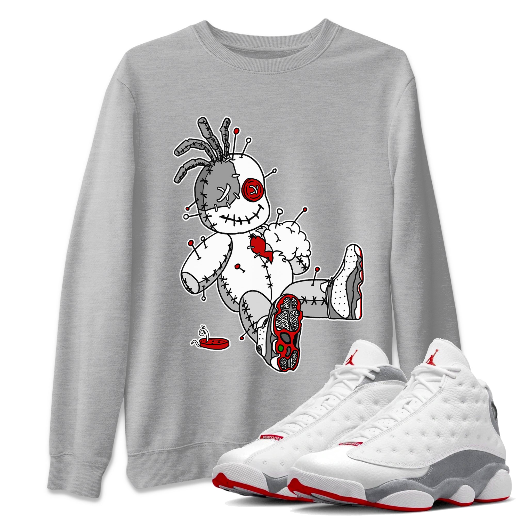 Air Jordan 13 Wolf Grey Sneaker Match Tees Voodoo Doll Streetwear Sneaker Shirt Air Jordan 13 Retro Wolf Grey T-Shirt Unisex Shirts Heather Grey 1
