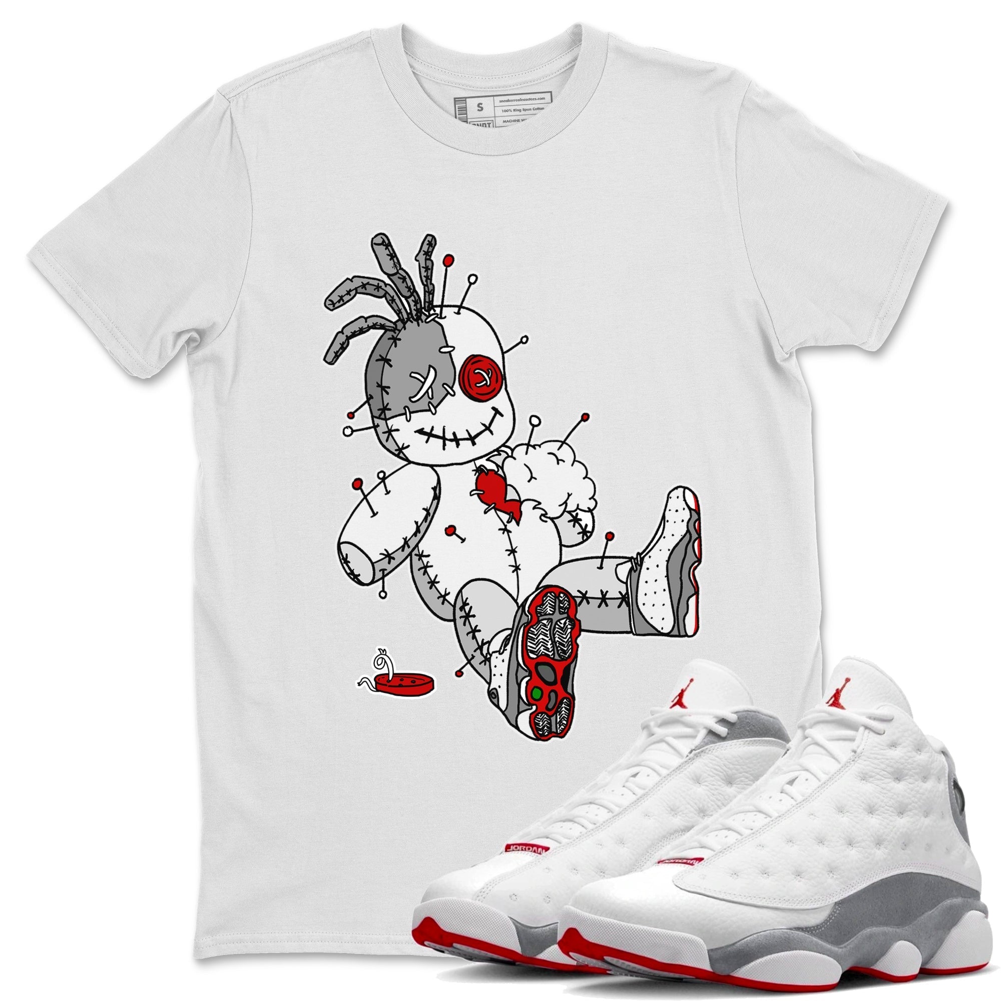Air Jordan 13 Wolf Grey Sneaker Match Tees Voodoo Doll Streetwear Sneaker Shirt Air Jordan 13 Retro Wolf Grey T-Shirt Unisex Shirts White 1