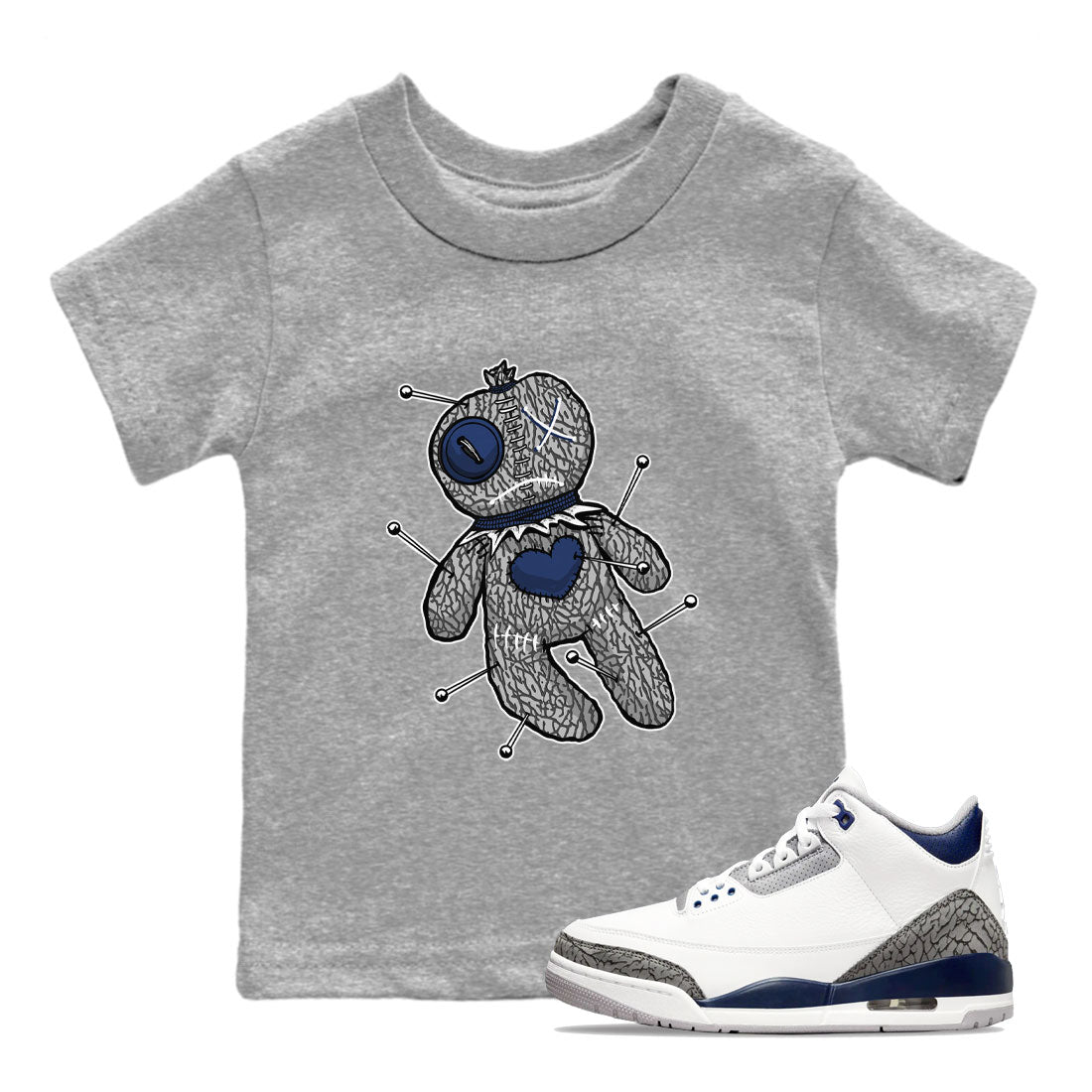 AJ3 Midnight Navy shirt to match jordans Voodoo Doll sneaker match t-shirt 3s Midnight Navy Drip Gear Zone baby toddler Heather Grey 1 cotton sneaker tee