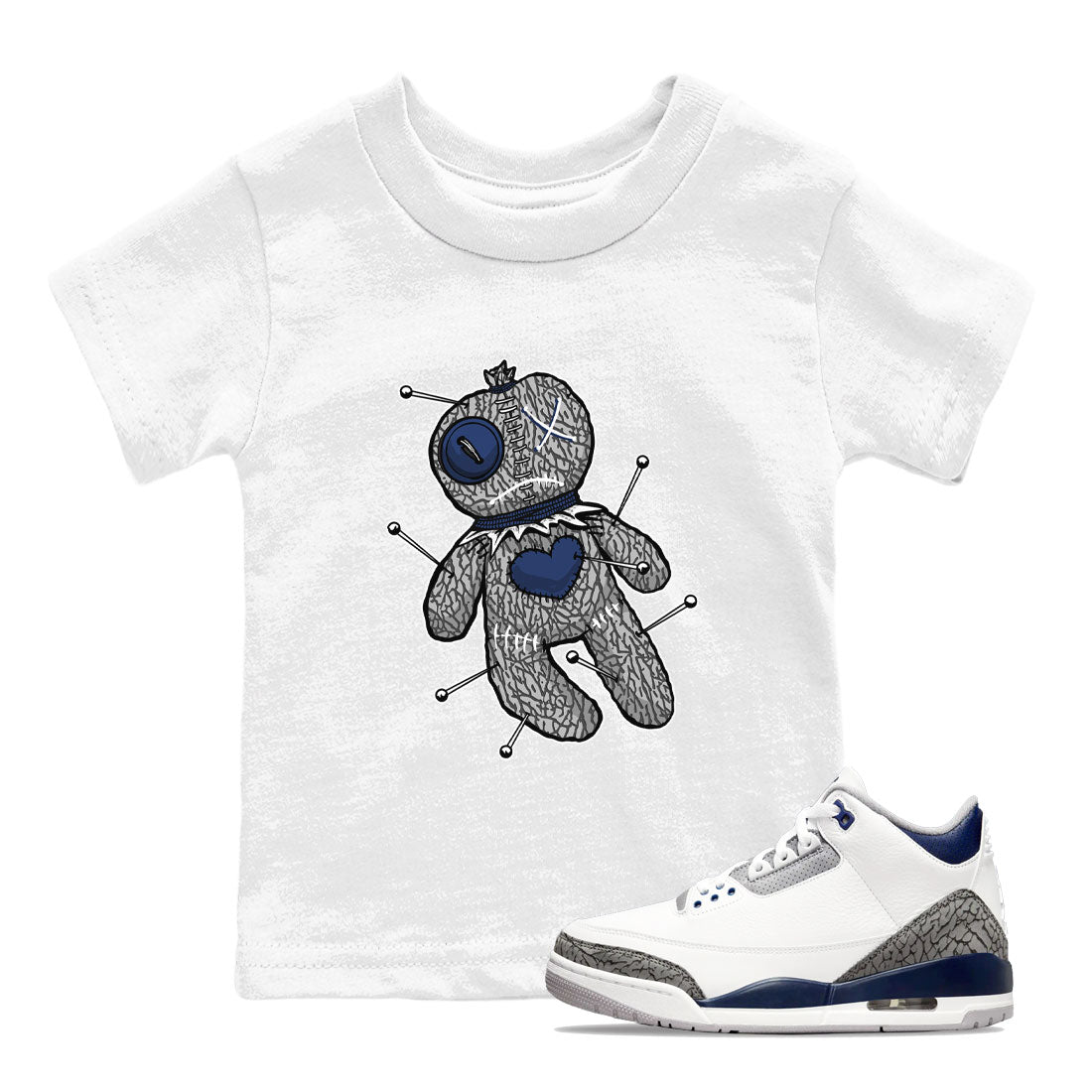 AJ3 Midnight Navy shirt to match jordans Voodoo Doll sneaker match t-shirt 3s Midnight Navy Drip Gear Zone baby toddler White 1 cotton sneaker tee