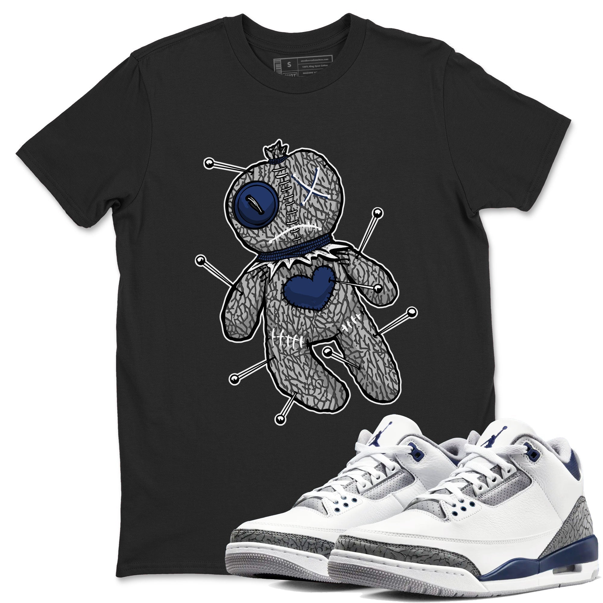 AJ3 Midnight Navy shirt to match jordans Voodoo Doll sneaker match t-shirt 3s Midnight Navy Drip Gear Zone unisex cotton Black 1 Crew Neck T-Shirt