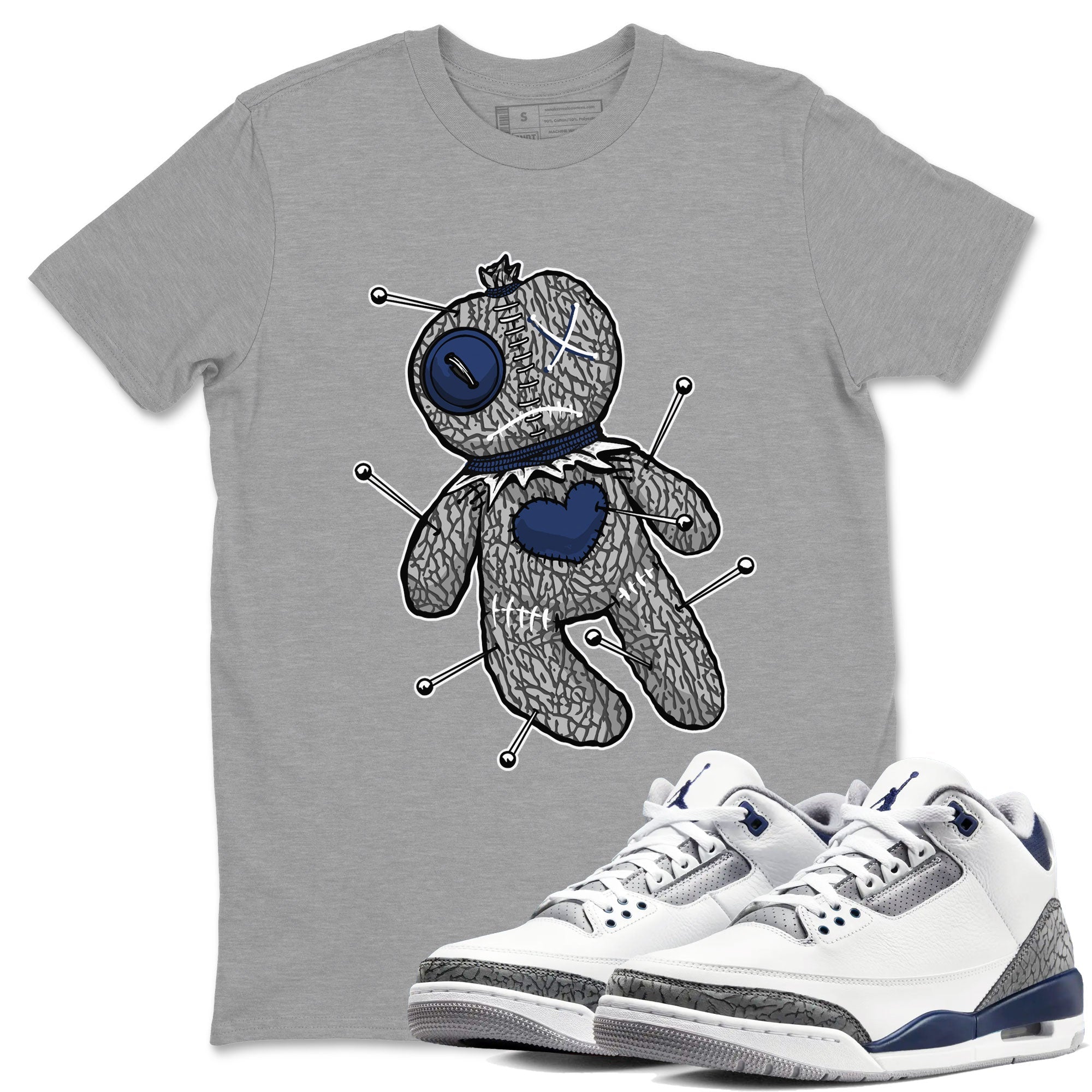AJ3 Midnight Navy shirt to match jordans Voodoo Doll sneaker match t-shirt 3s Midnight Navy Drip Gear Zone unisex cotton Heather Grey 1 Crew Neck T-Shirt