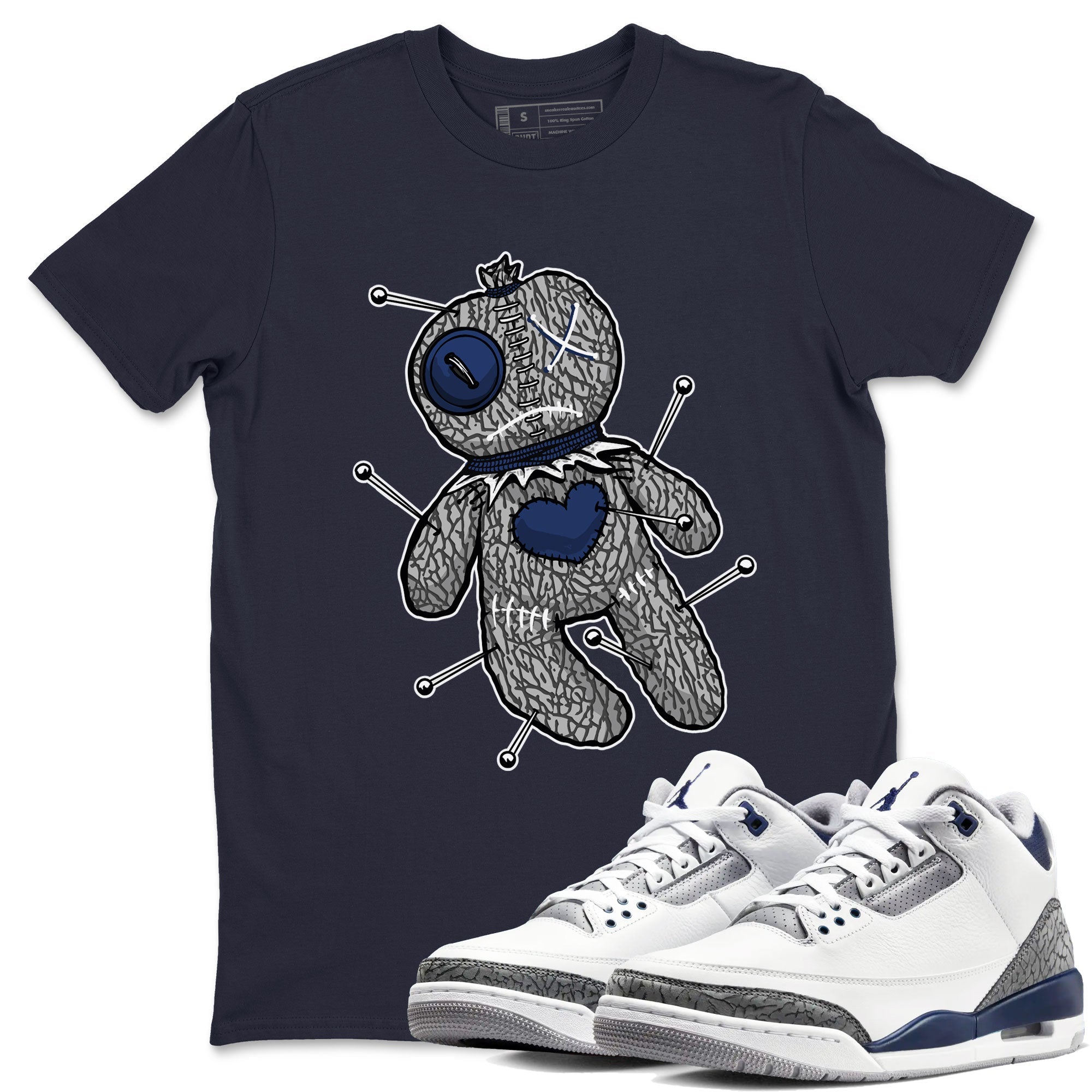 AJ3 Midnight Navy shirt to match jordans Voodoo Doll sneaker match t-shirt 3s Midnight Navy Drip Gear Zone unisex cotton Navy 1 Crew Neck T-Shirt