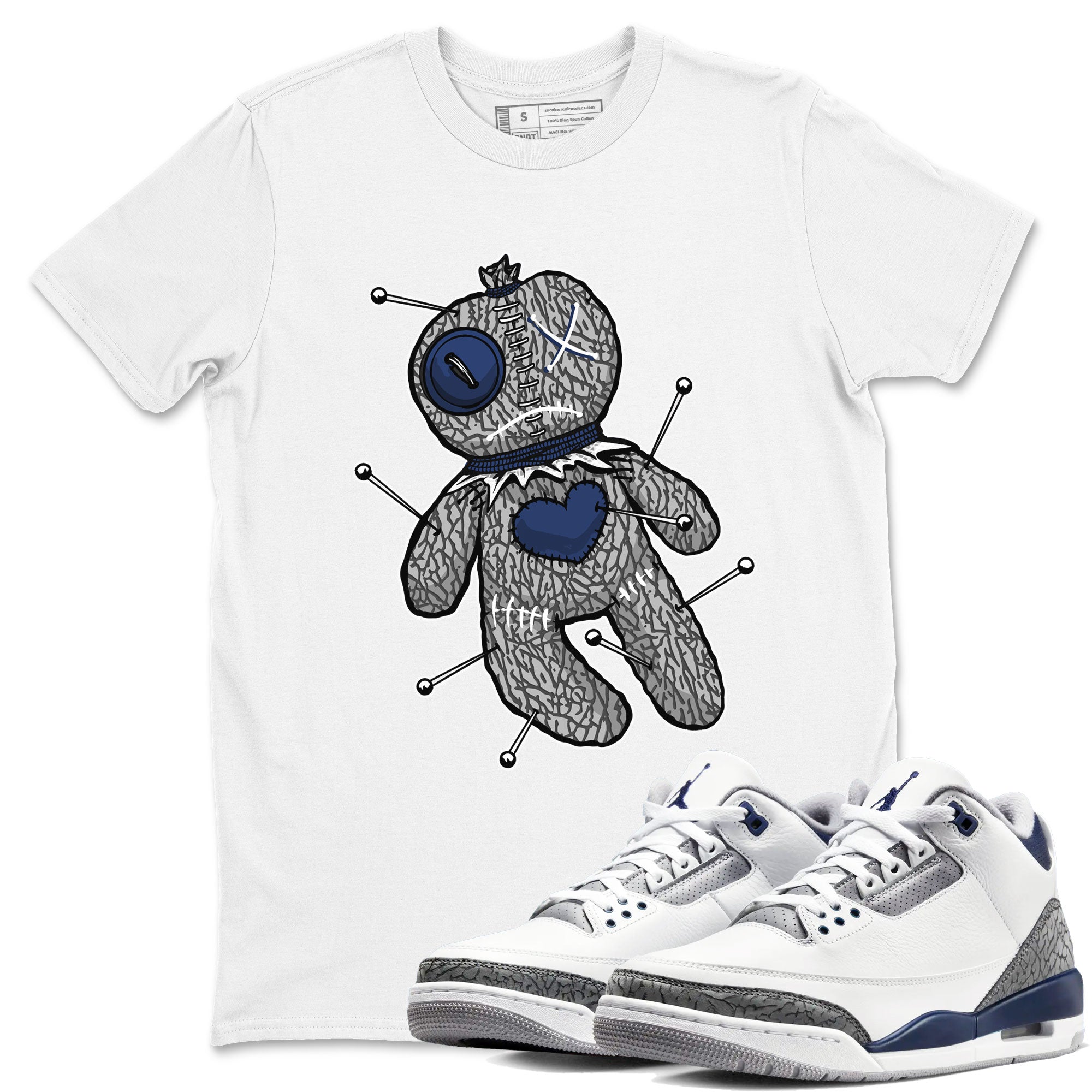 AJ3 Midnight Navy shirt to match jordans Voodoo Doll sneaker match t-shirt 3s Midnight Navy Drip Gear Zone unisex cotton White 1 Crew Neck T-Shirt