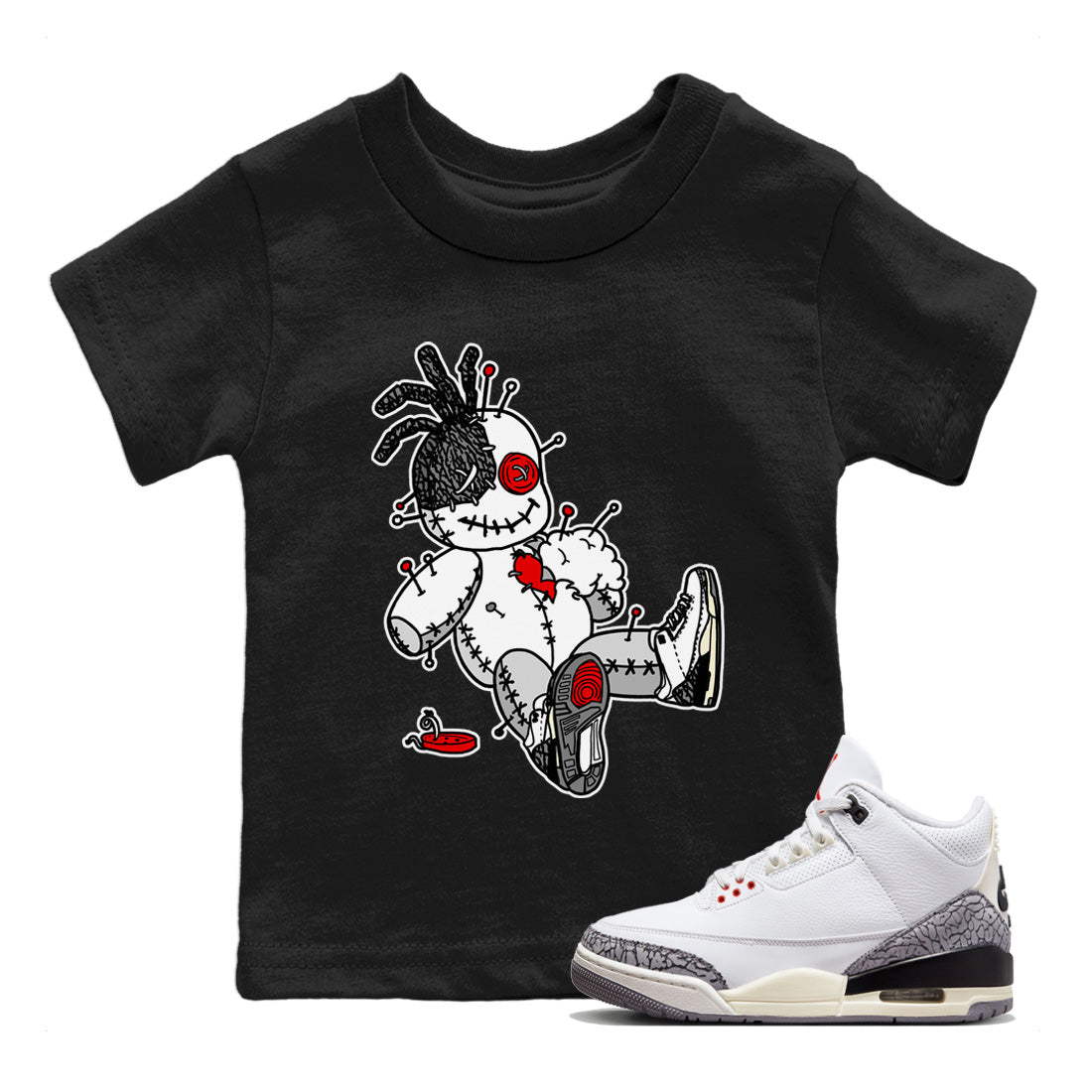 Air Jordan 3 White Cement Shirt To Match Jordans Voodoo Doll Sneaker Tees Air Jordan 3 Retro White Cement Drip Gear Zone Sneaker Matching Clothing Kids Shirts Black 1