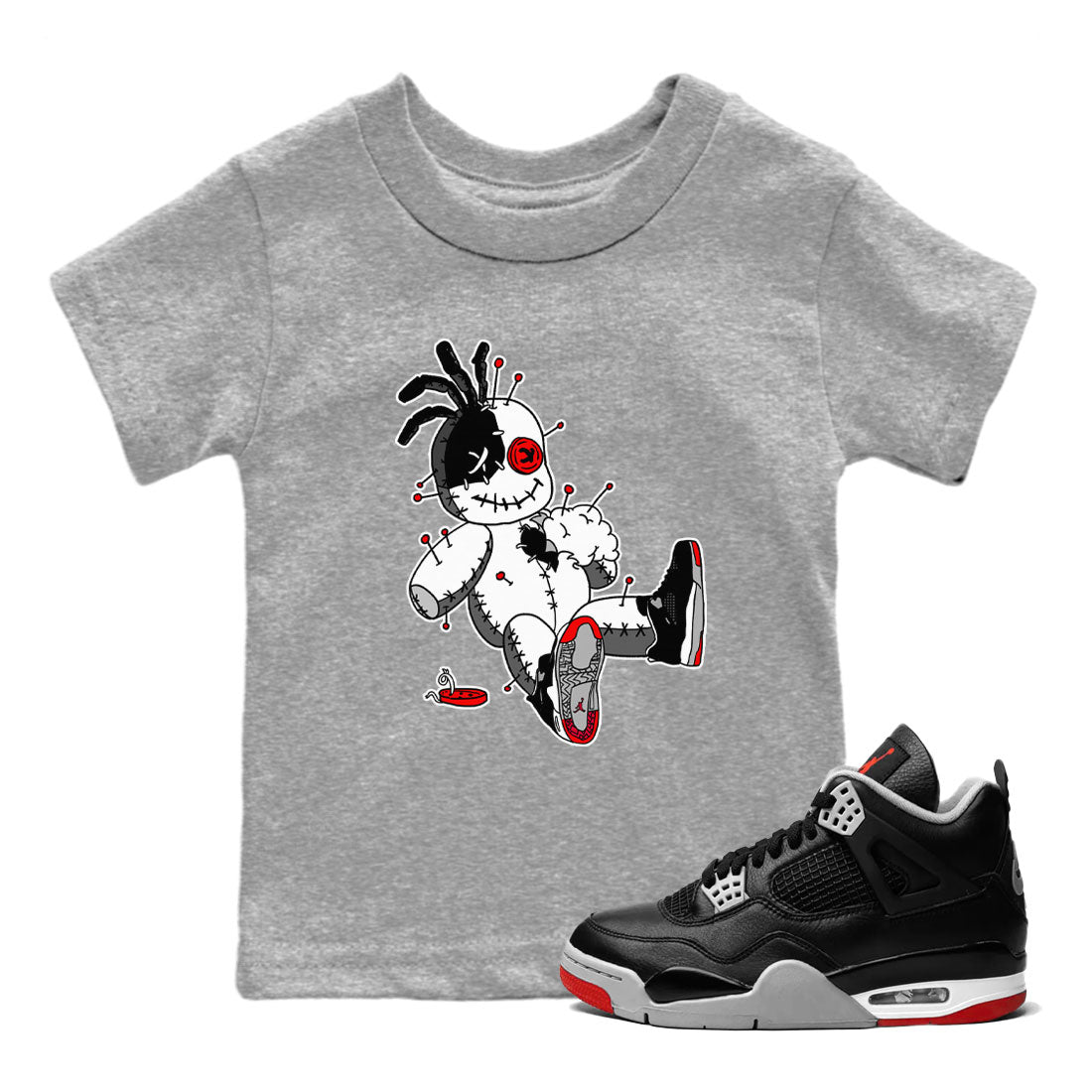 AJ4 Retro Bred Reimagined shirt to match jordans Voodoo Doll sneaker tees Air Jordan 4 Retro Bred Reimagined Drip Gear Zone baby toddler Heather Grey 1 cotton Shirt