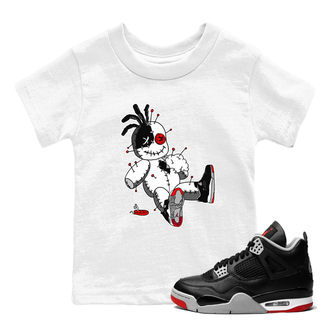 AJ4 Retro Bred Reimagined shirt to match jordans Voodoo Doll sneaker tees Air Jordan 4 Retro Bred Reimagined Drip Gear Zone baby toddler White 1 cotton Shirt