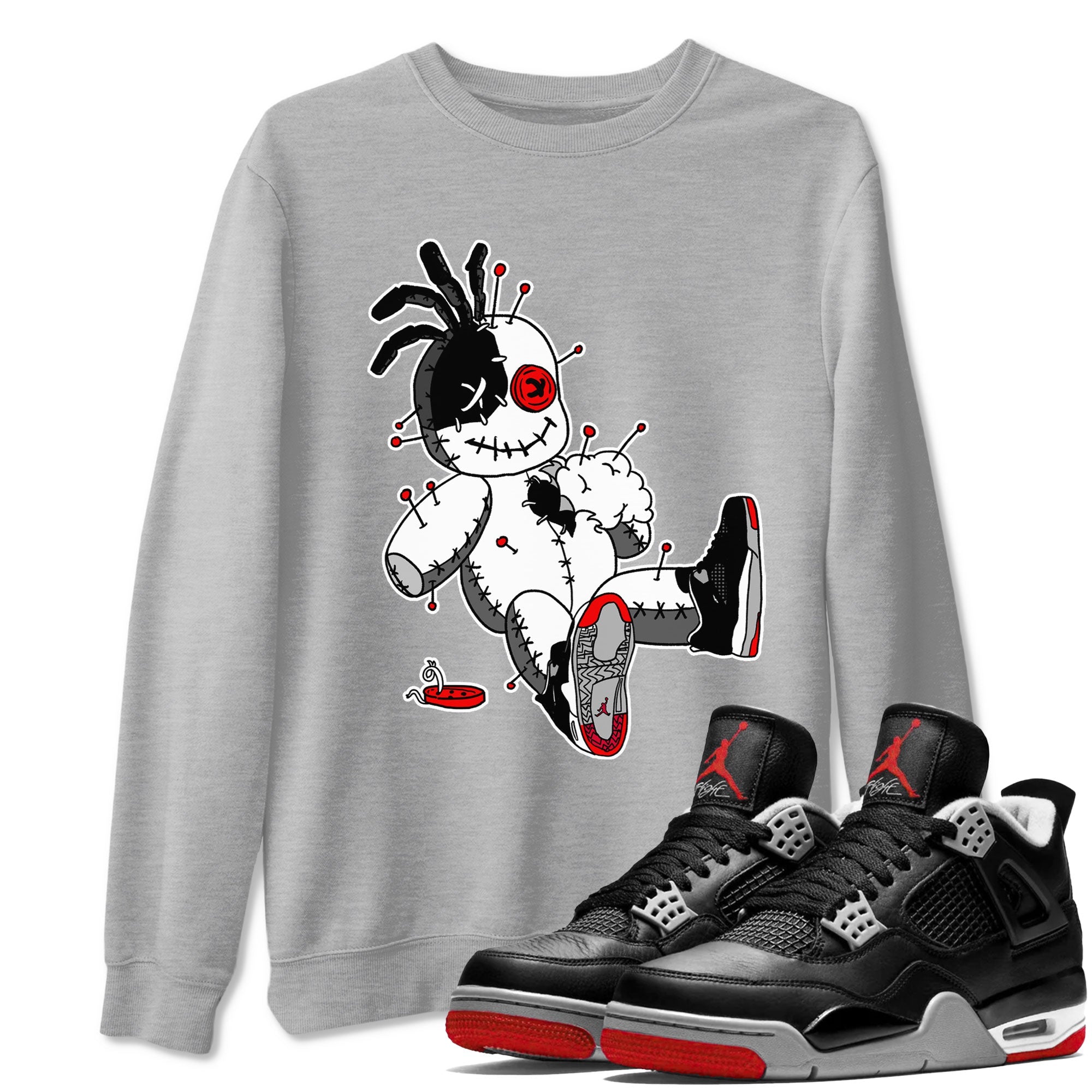 AJ4 Retro Bred Reimagined shirt to match jordans Voodoo Doll sneaker tees Air Jordan 4 Retro Bred Reimagined Drip Gear Zone unisex cotton Heather Grey 1 crew neck shirt