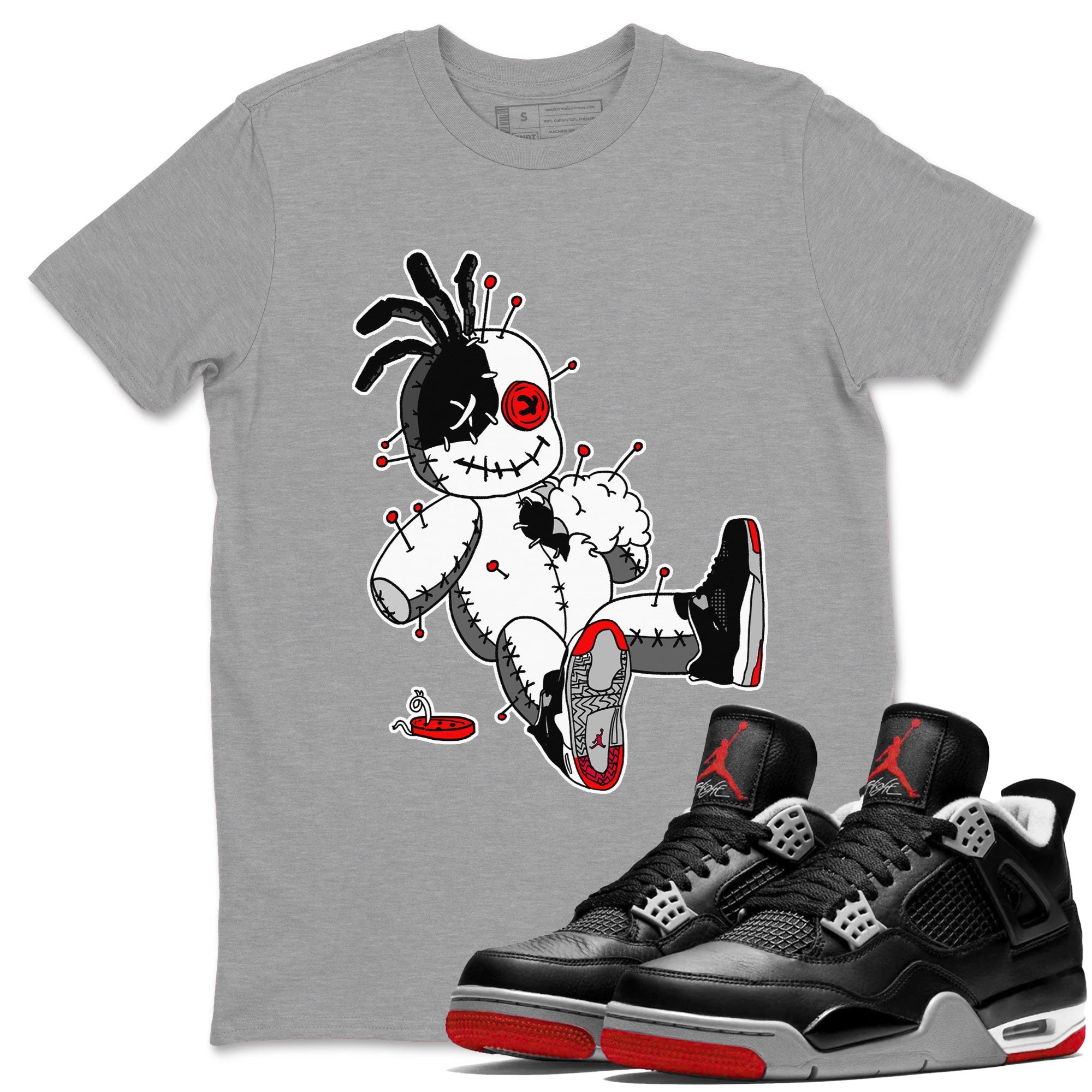 AJ4 Retro Bred Reimagined shirt to match jordans Voodoo Doll sneaker tees Air Jordan 4 Retro Bred Reimagined Drip Gear Zone unisex cotton Heather Grey 1 crew neck shirt