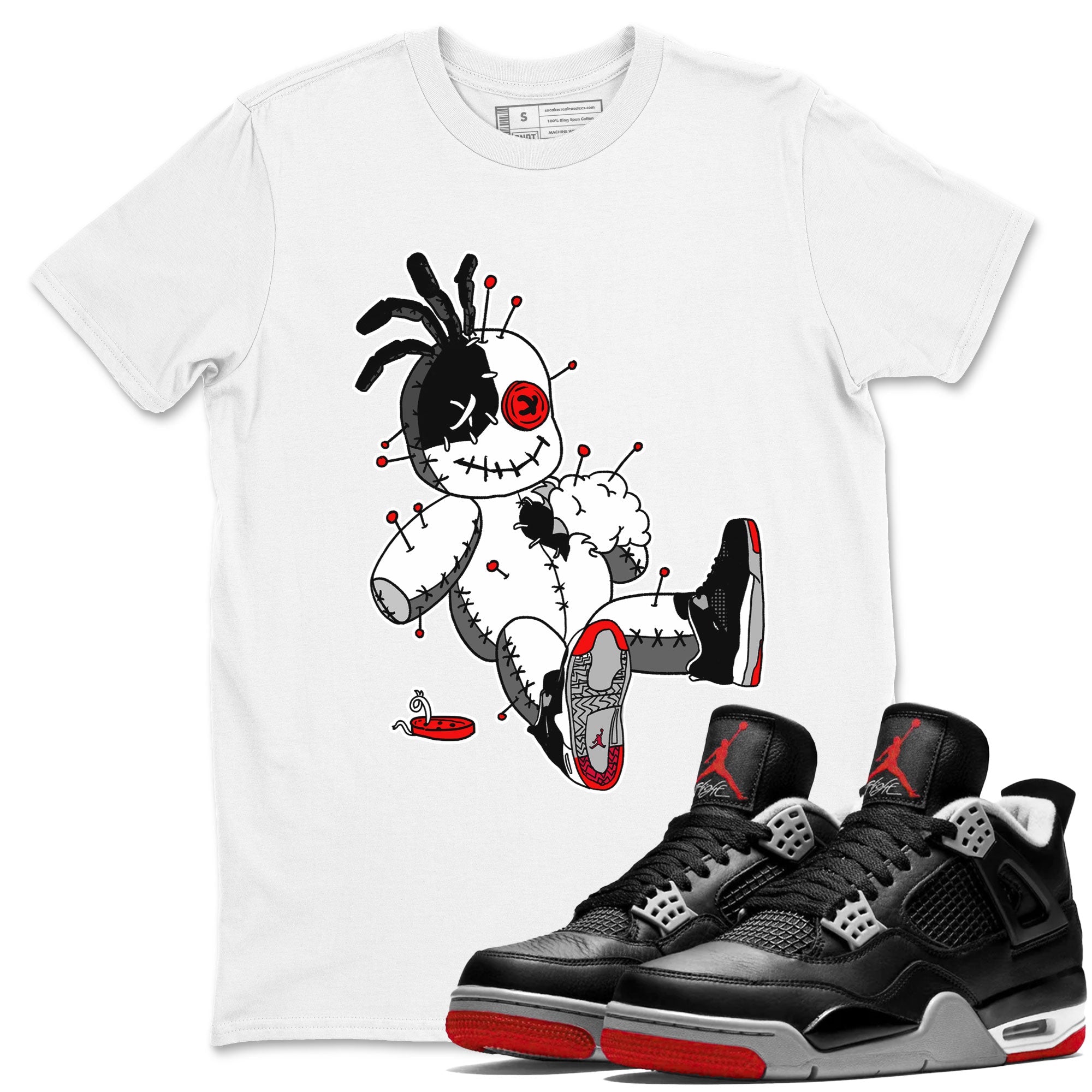 AJ4 Retro Bred Reimagined shirt to match jordans Voodoo Doll sneaker tees Air Jordan 4 Retro Bred Reimagined Drip Gear Zone unisex cotton White 1 crew neck shirt