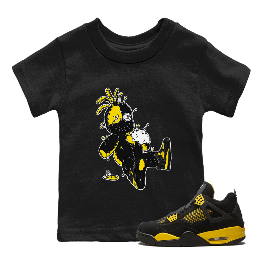 Air Jordan 4 Thunder Sneaker Match Tees Voodoo Doll Streetwear Sneaker Shirt Air Jordan 4 Retro Thunder Sneaker Release Tees Kids Shirts Black 1