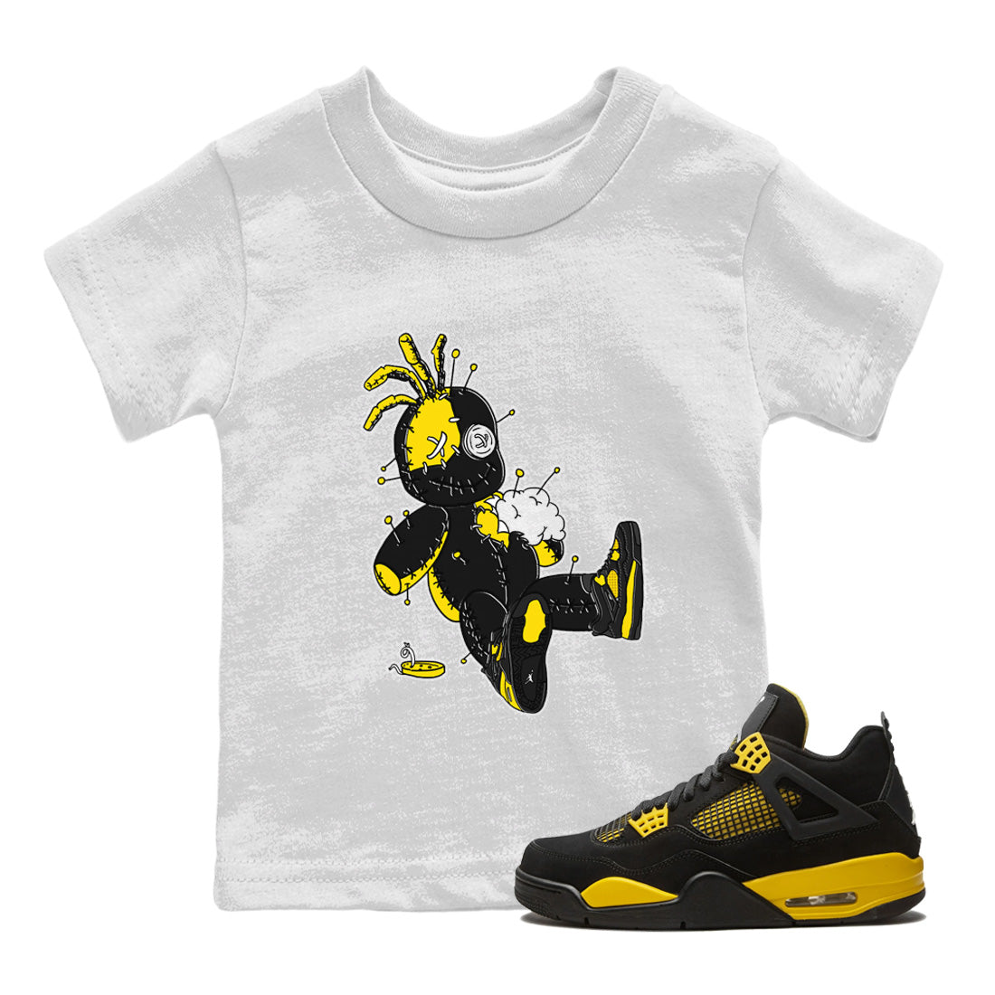 Air Jordan 4 Thunder Sneaker Match Tees Voodoo Doll Streetwear Sneaker Shirt Air Jordan 4 Retro Thunder Sneaker Release Tees Kids Shirts White 1