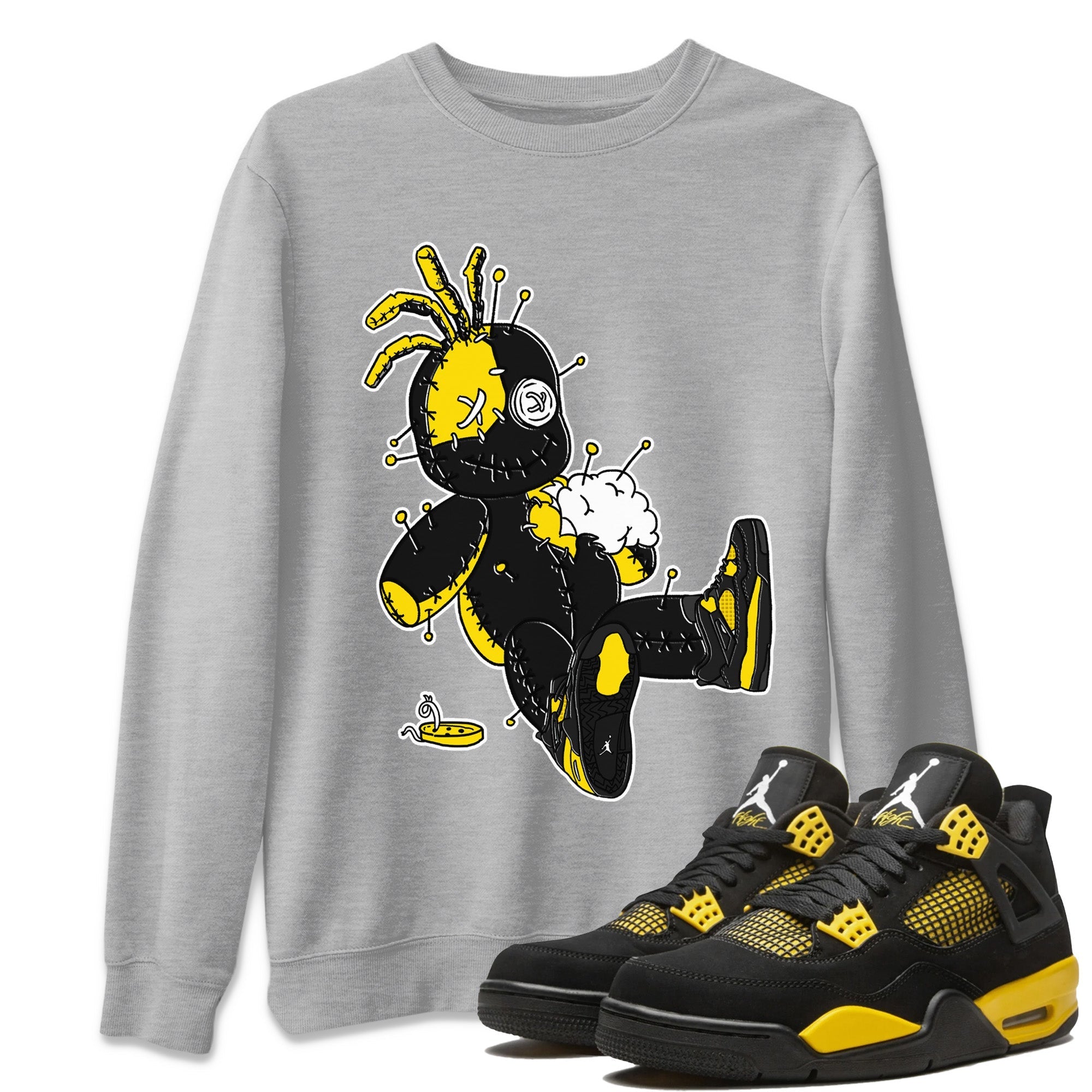 Air Jordan 4 Thunder Sneaker Match Tees Voodoo Doll Streetwear Sneaker Shirt Air Jordan 4 Retro Thunder Sneaker Release Tees Unisex Shirts Heather Grey 1
