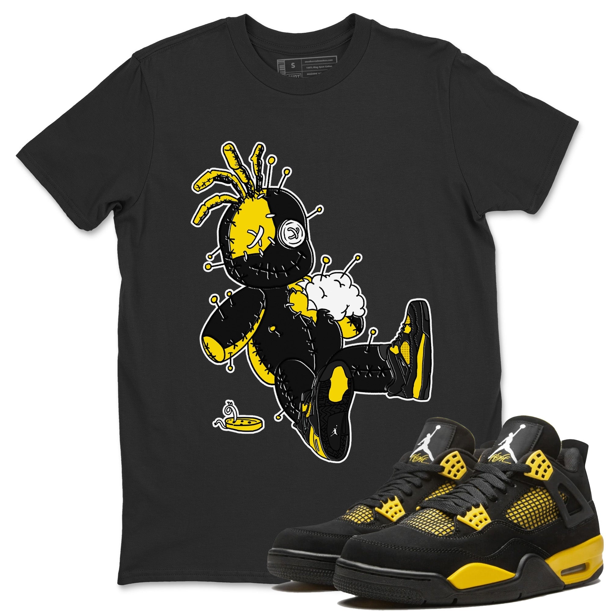 Air Jordan 4 Thunder Sneaker Match Tees Voodoo Doll Streetwear Sneaker Shirt Air Jordan 4 Retro Thunder Sneaker Release Tees Unisex Shirts Black 1