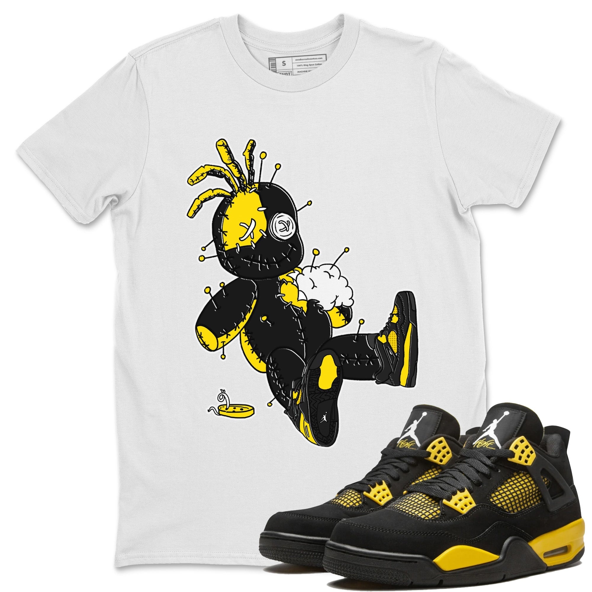 Air Jordan 4 Thunder Sneaker Match Tees Voodoo Doll Streetwear Sneaker Shirt Air Jordan 4 Retro Thunder Sneaker Release Tees Unisex Shirts White 1