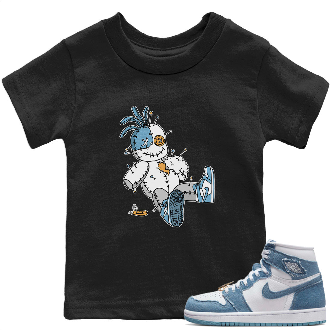 Jordan 1 Denim Sneaker Matching T-Shirt Voodoo Doll Sneaker Tees Jordan 1 Denim Sneaker Release Tees Kids Shirts