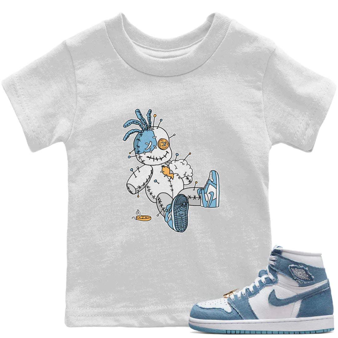 Jordan 1 Denim Sneaker Matching T-Shirt Voodoo Doll Sneaker Tees Jordan 1 Denim Sneaker Release Tees Kids Shirts