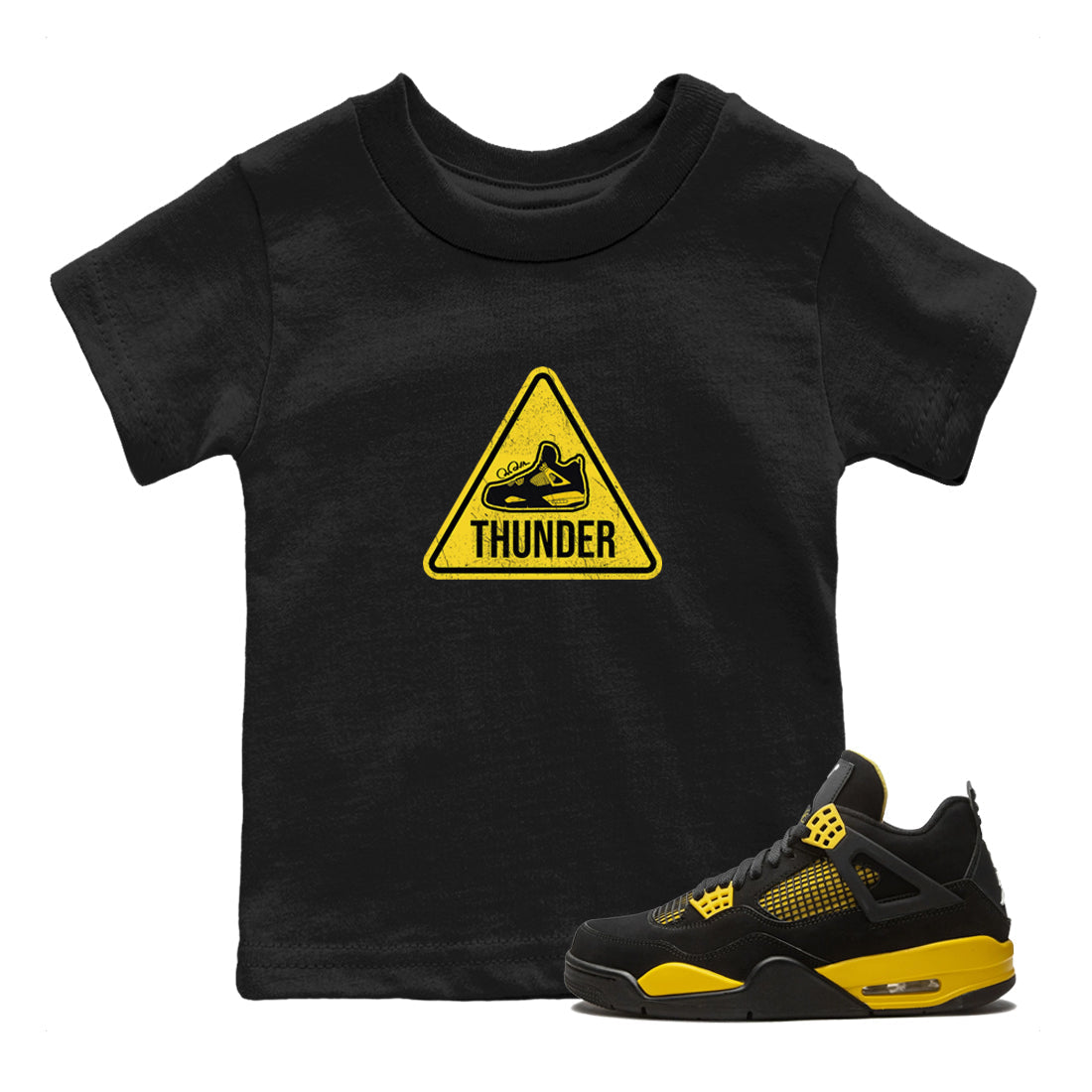 Air Jordan 4 Thunder Sneaker Match Tees Warning Sign Streetwear Sneaker Shirt Yellow AJ4 Thunder Sneaker Release Tees Kids Shirts Black 1