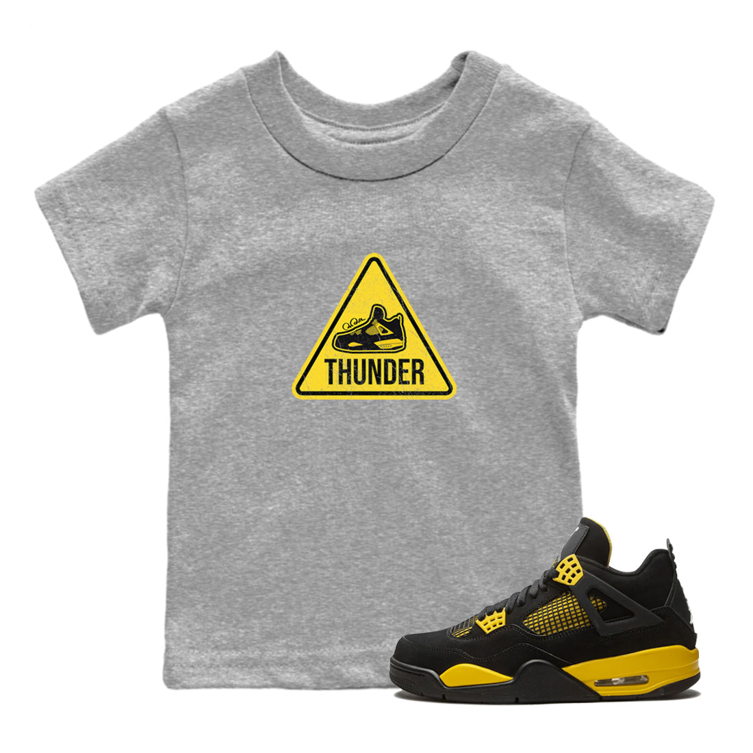 Air Jordan 4 Thunder Sneaker Match Tees Warning Sign Streetwear Sneaker Shirt Yellow AJ4 Thunder Sneaker Release Tees Kids Shirts Heather Grey 1