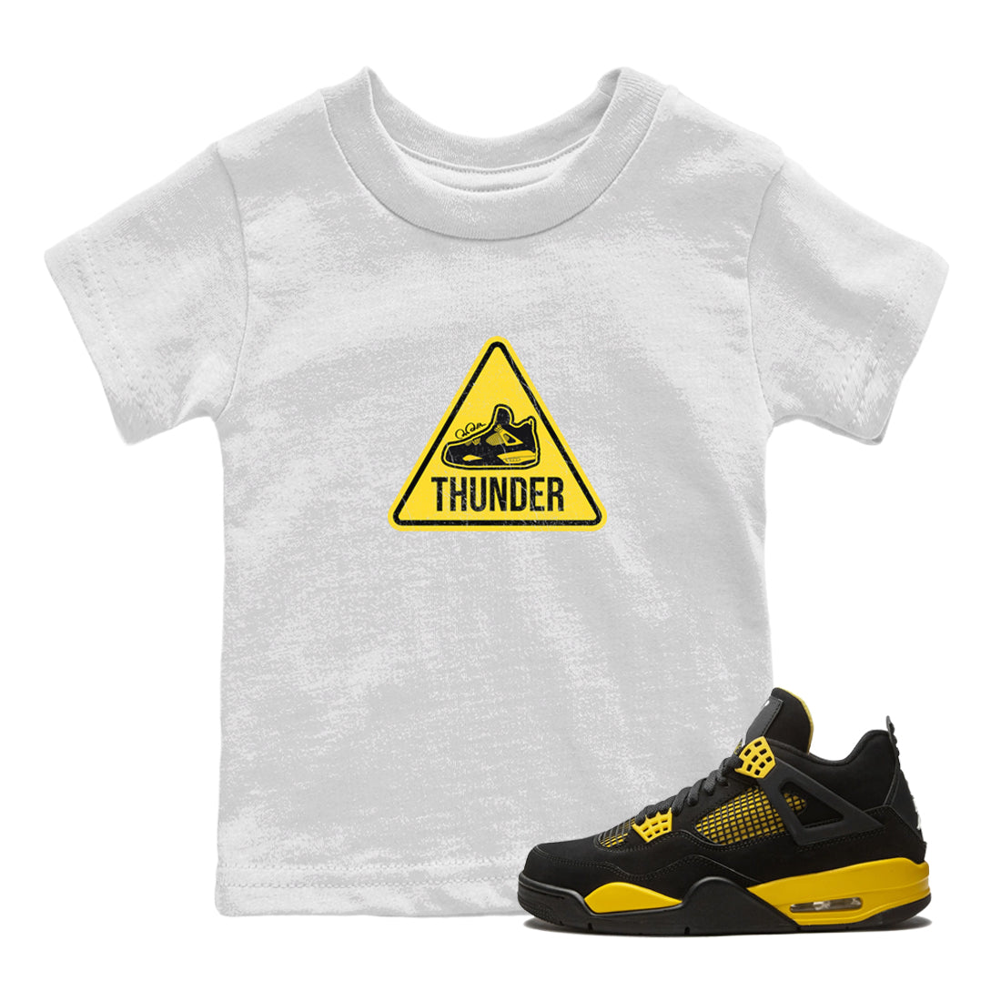 Air Jordan 4 Thunder Sneaker Match Tees Warning Sign Streetwear Sneaker Shirt Yellow AJ4 Thunder Sneaker Release Tees Kids Shirts White 1