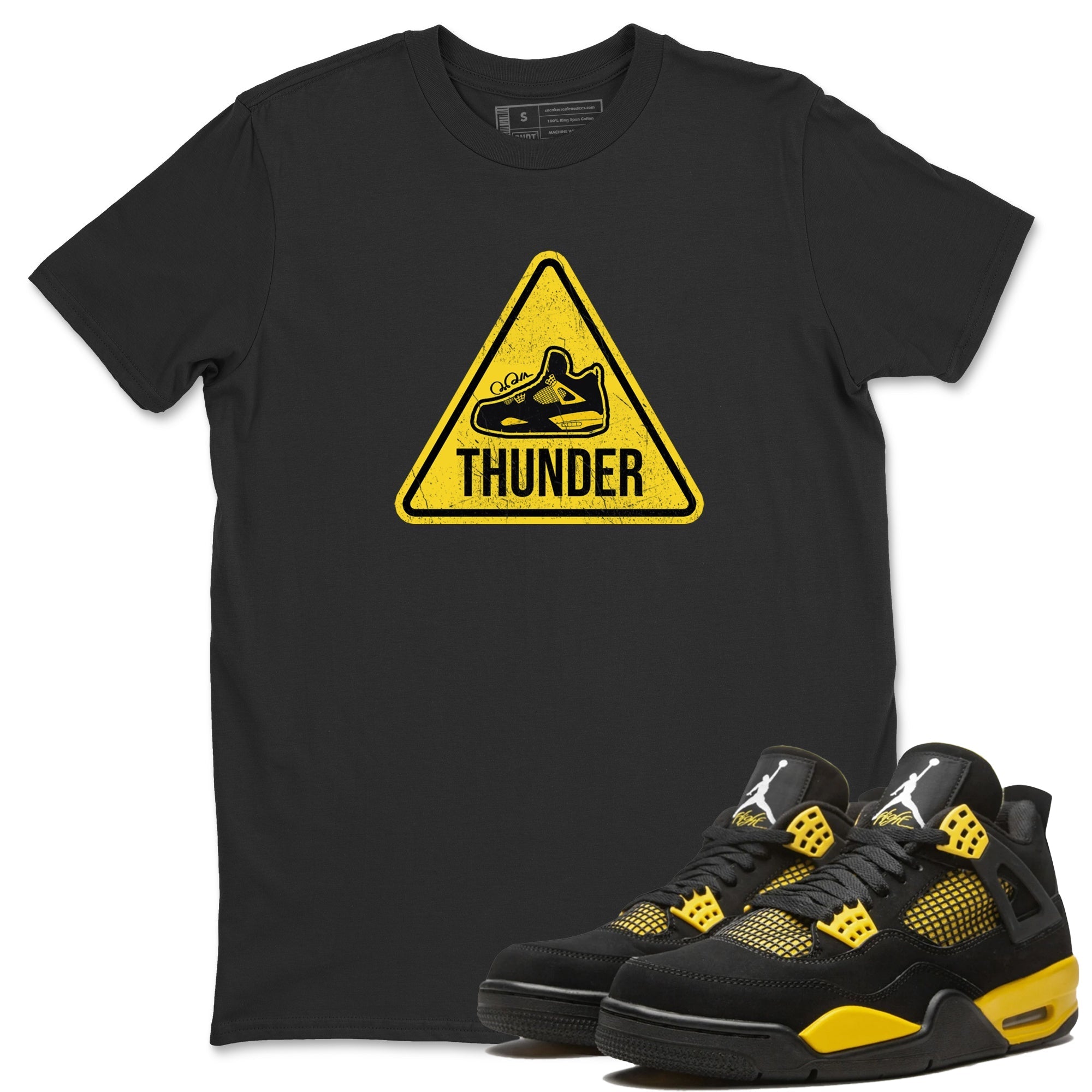 Air Jordan 4 Thunder Sneaker Match Tees Warning Sign Streetwear Sneaker Shirt Yellow AJ4 Thunder Sneaker Release Tees Unisex Shirts Black 1