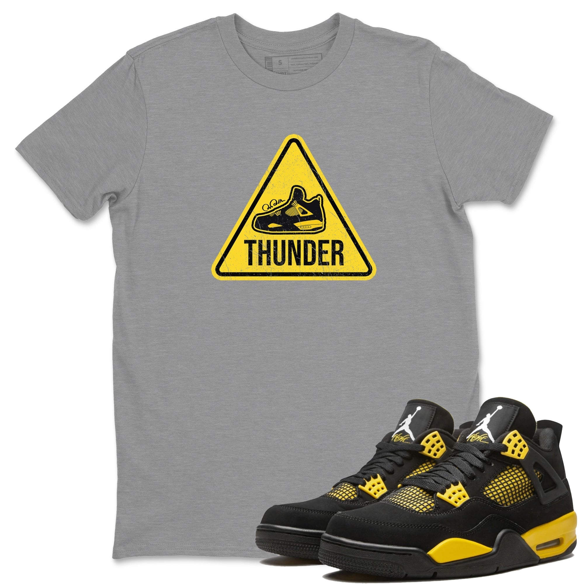 Air Jordan 4 Thunder Sneaker Match Tees Warning Sign Streetwear Sneaker Shirt Yellow AJ4 Thunder Sneaker Release Tees Unisex Shirts Heather Grey 1
