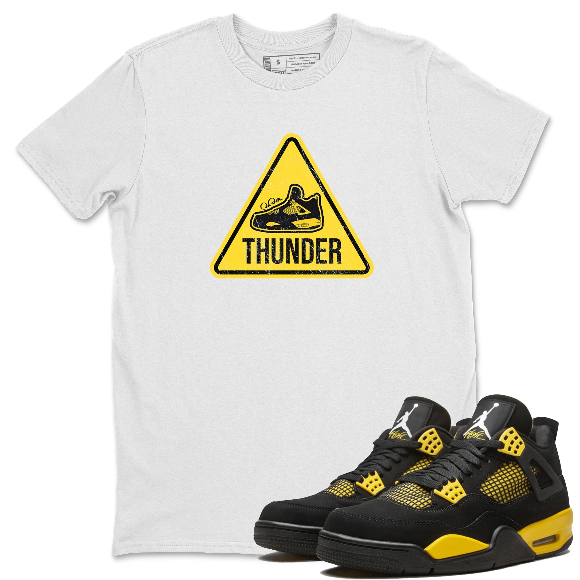 Air Jordan 4 Thunder Sneaker Match Tees Warning Sign Streetwear Sneaker Shirt Yellow AJ4 Thunder Sneaker Release Tees Unisex Shirts White 1