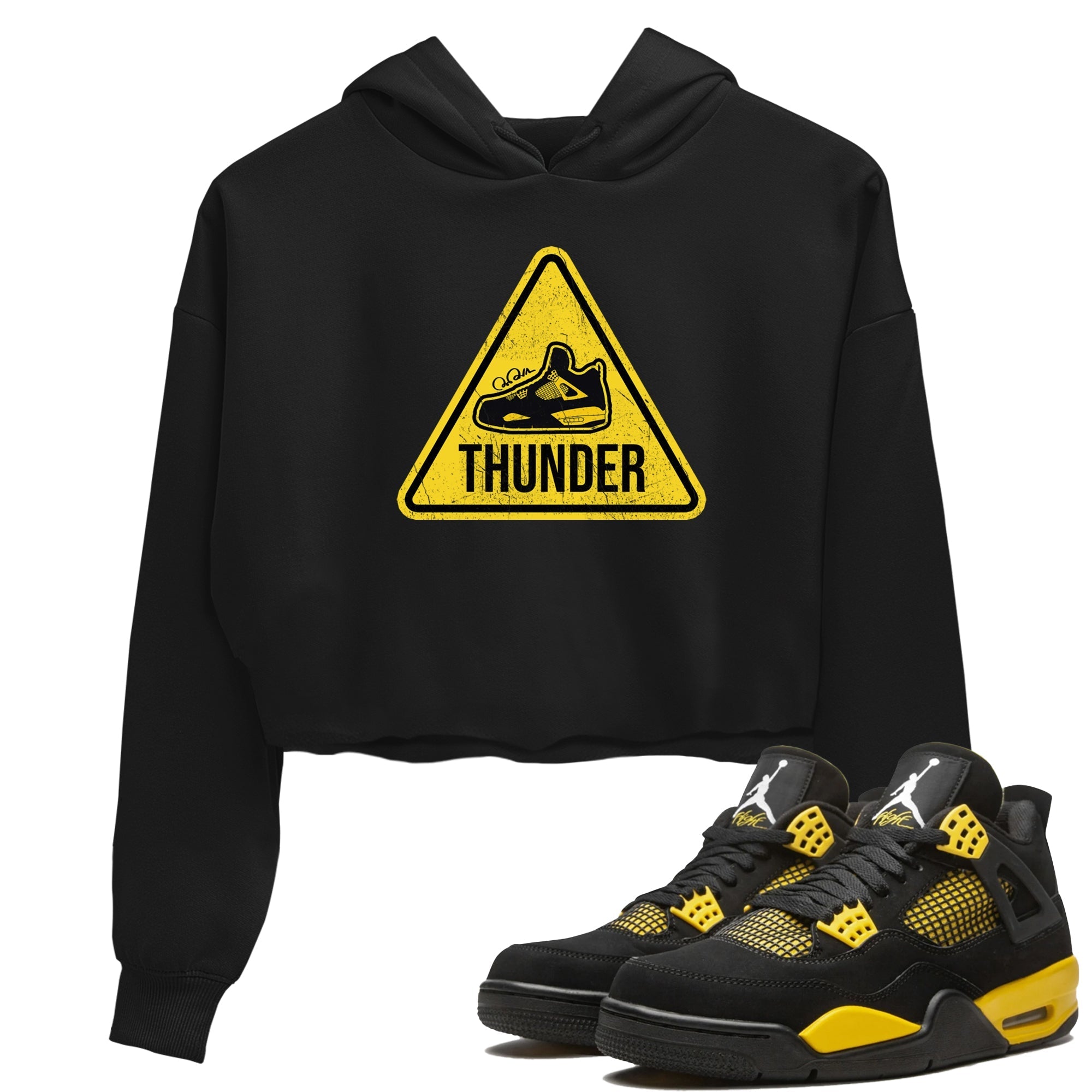 Air Jordan 4 Thunder Sneaker Match Tees Warning Sign Streetwear Sneaker Shirt Yellow AJ4 Thunder Sneaker Release Tees Women's Shirts Black 1