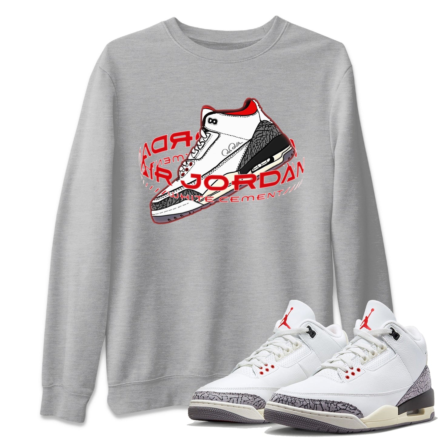 Air Jordan 3 White Cement Sneaker Tees Drip Gear Zone Warping Space Sneaker Tees AJ3 White Cement Shirt Unisex Shirts Heather Grey 1