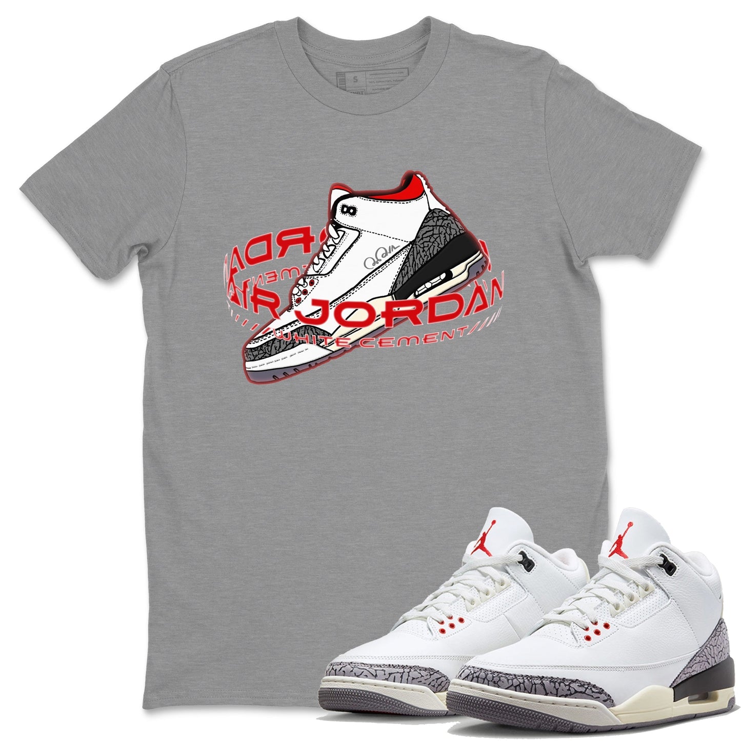 Air Jordan 3 White Cement Warping Space Crew Neck Sneaker Tees AJ3 White Cement Sneaker T-Shirts Size Chart